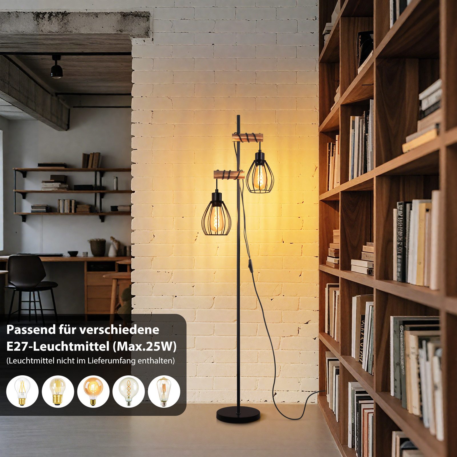 Nettlife Stehlampe Stehleuchte 2 Flammig schwarz Vintage aus Holz 151cm, mit Kippschalter, LED wechselbar, für Wohnzimmer schlafzimmer Esszimmer Büro
