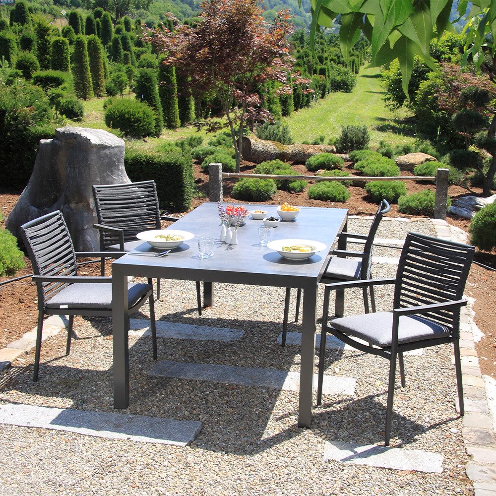 acamp Garten-Essgruppe Gartentisch Set stapelbar Aluminium 5tlg 4 Stapelsessel Tisch Set, (atmungsaktiv wetterfest UV beständig inkl Sitzkissen), Acatex Textilgewebe Rope Rückenlehne Aluminium Gestell