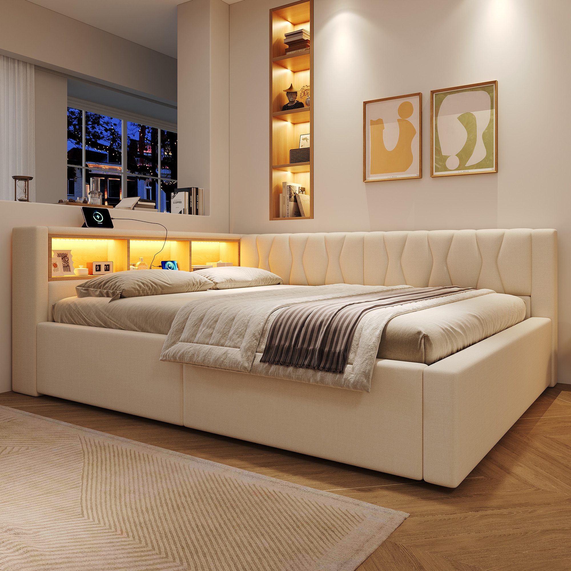 SOFTWEARY Schlafsofa mit RGB LED-Streifen und Stauraum, mit Lattenrost, Regal, Rückenlehne, Aufbewahrung, Type-C und USB, Polsterbett, Einzelbett, Tagesbett, Da – Bild 2 von 5