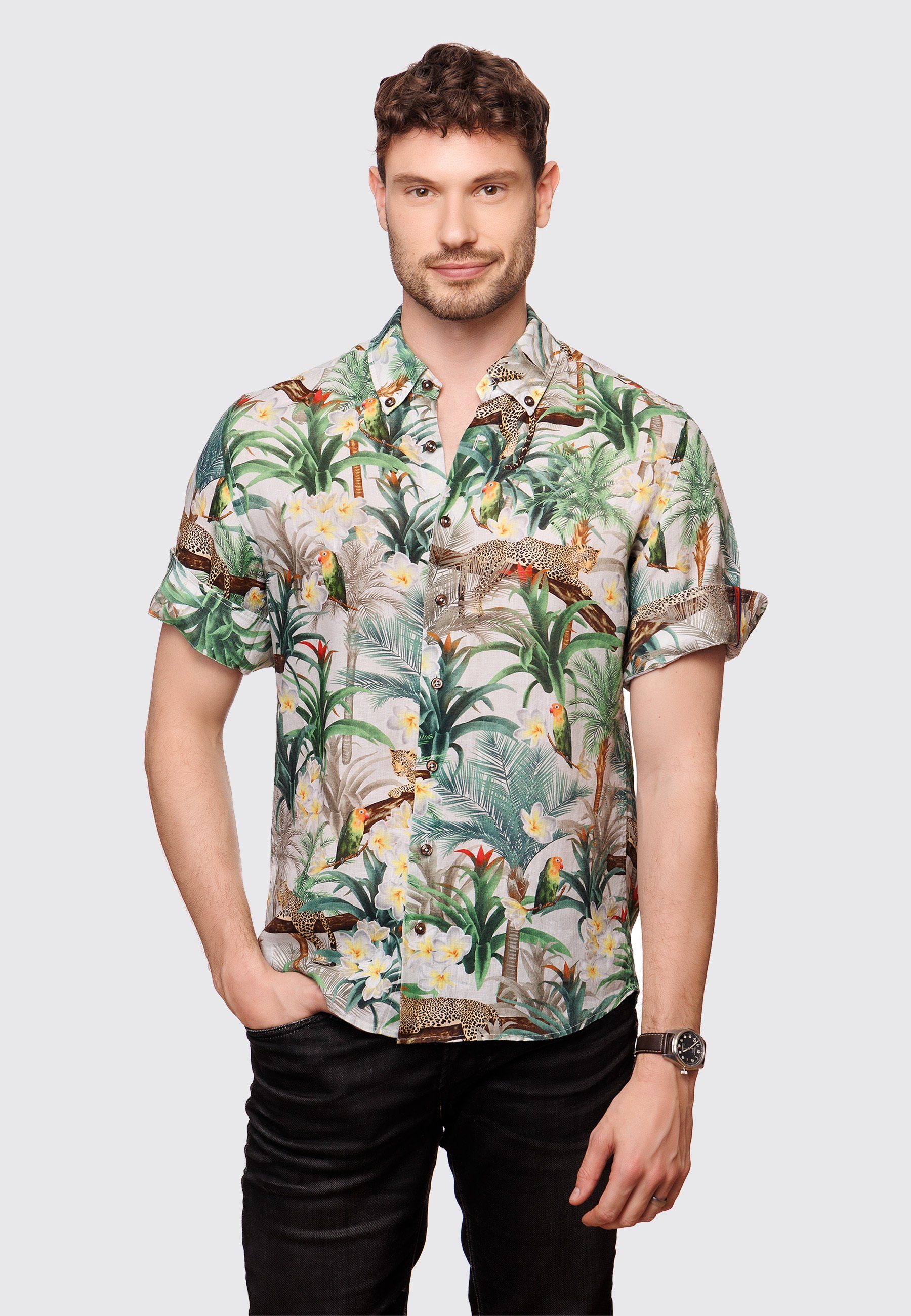 Kragnart Kurzarmhemd Knitterfreies Kurzarm Freizeithemd - Sommer Hemd für  Männer Elegantes Leinenhemd im Dschungel Design, Hergestellt in Europa