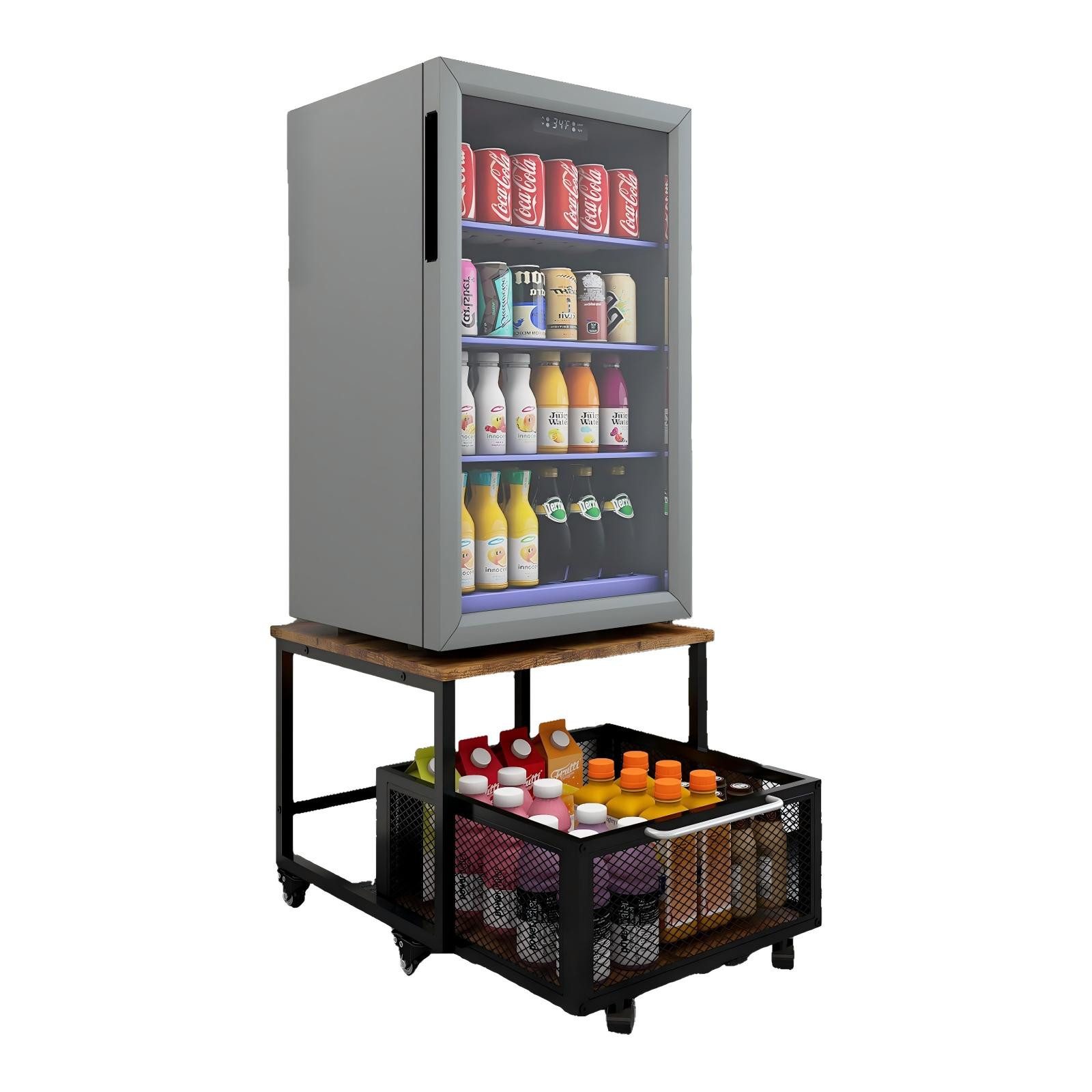 PUNCIA Beistelltisch mit Rollen und Metallkorb, Kühlschrankwagen mit Schublade (1-St), Minikühlschrankständer, Kühlschrankhalter 50x50x43cm