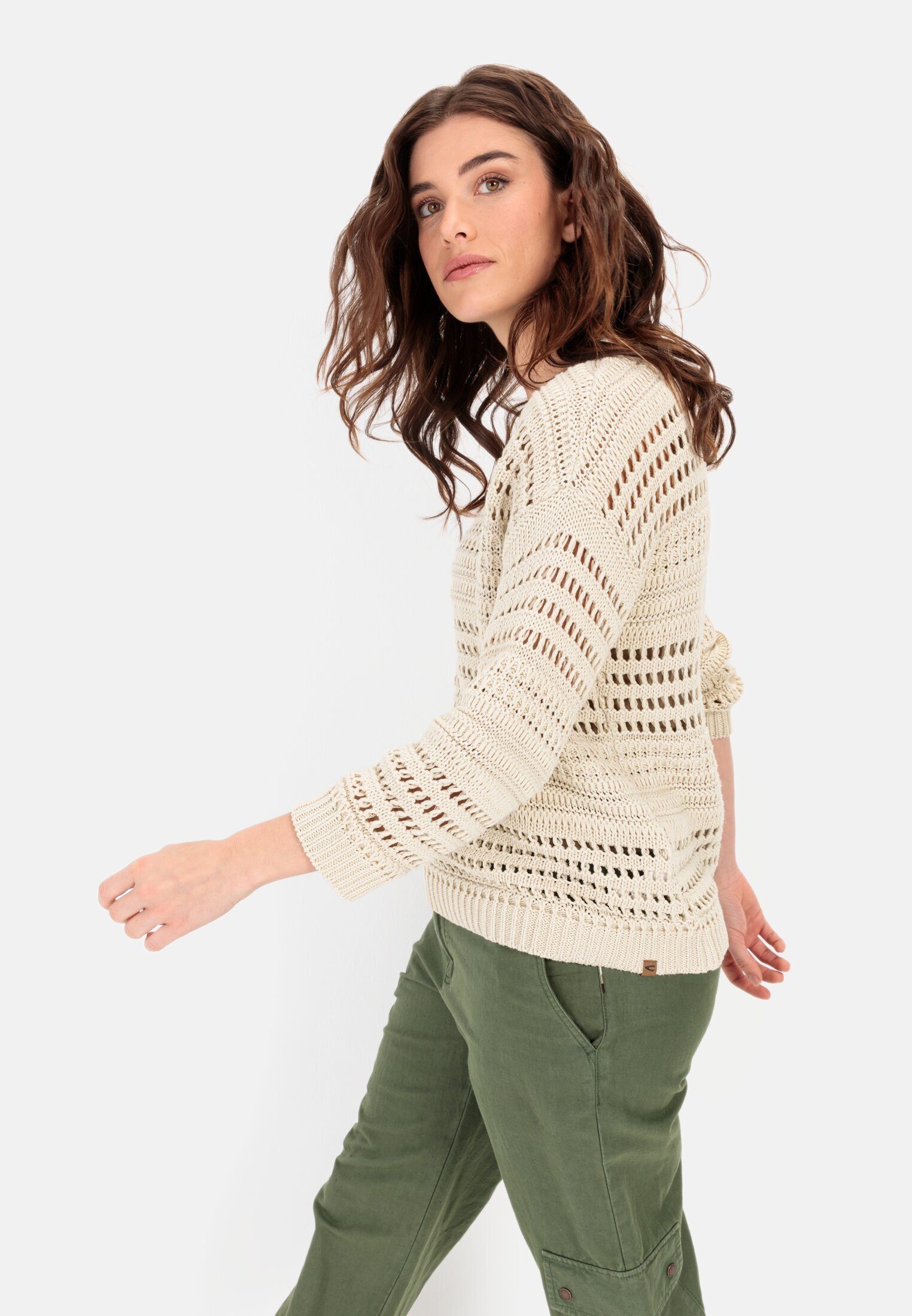 camel active Rundhalspullover mit Lochstrickmuster Dreiviertelarm Rundhals Pullover_Strickpullover