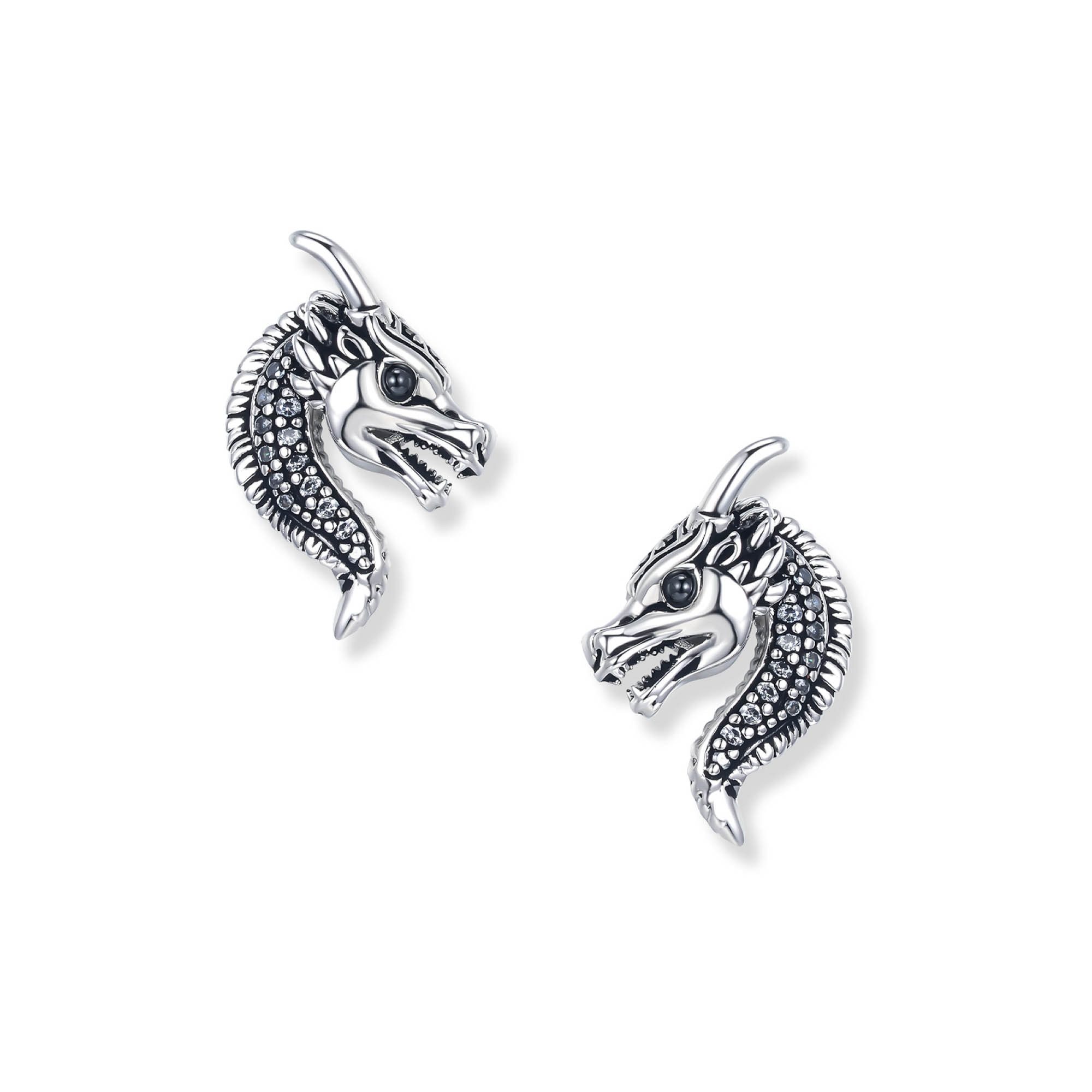 Seinerzeit FLORA & FAUNA Paar Ohrstecker Drakonis Drachen Ohrringe, Schmuck aus 925 Sterling Silber (Von der geheimnisvollen Welt der Nacht inspirierter Ohrschmuck für Damen im ausdrucksstarken Unisex-Design mit mystischem Motiv – ein besonderer Begleiter im Alltag und zu besonderen Anlässen, inkl. Geschenkverpackung für Frauen ob Freundin, Mutter, Ehefrau, Oma), rhodiniert, geschwärzt und Zirkonia-Steinen