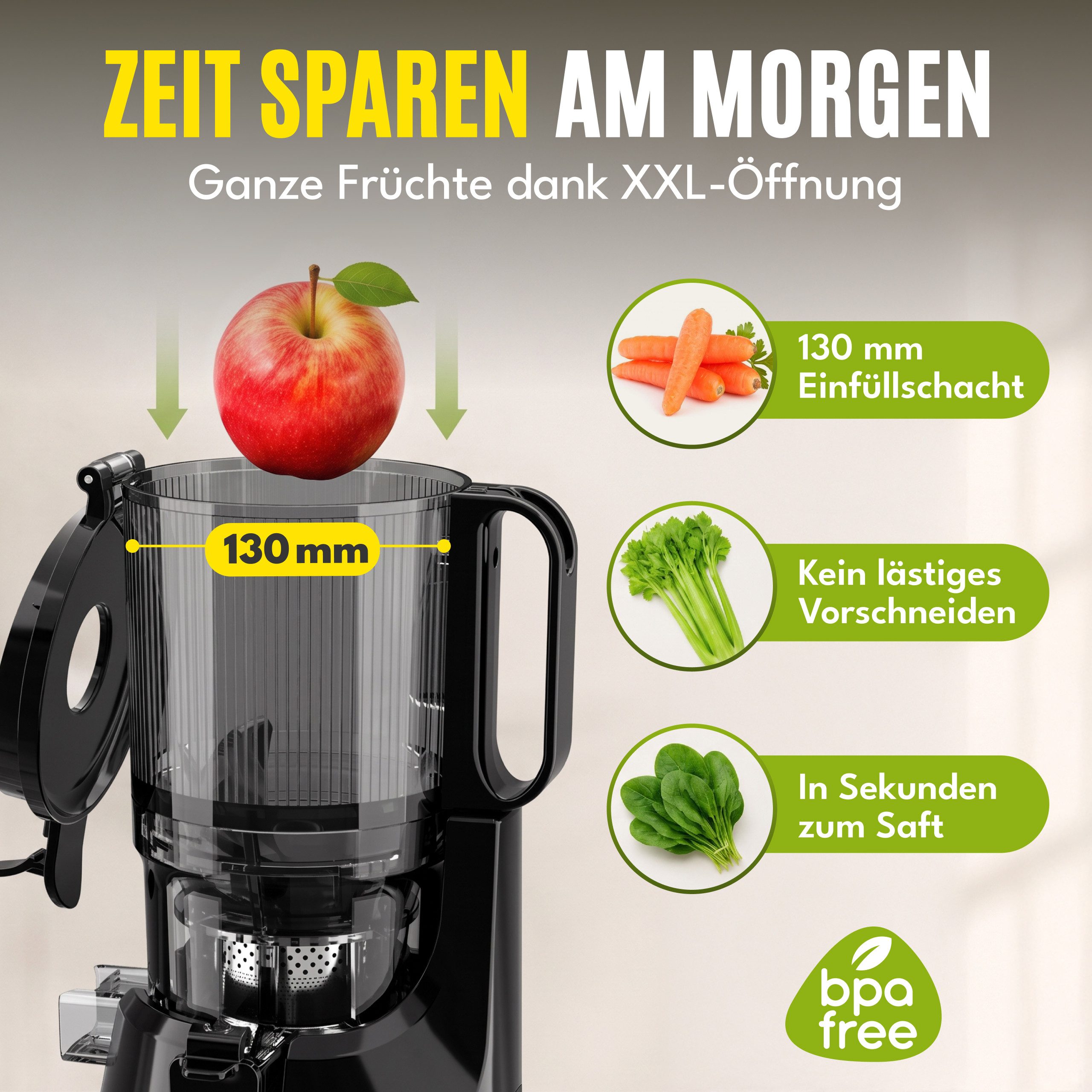 Lebenlang Slow Juicer Entsafter mit großer Öffnung, Für ganze Früchte und Gemüse, Rezepte, 250 W, BPA-Frei, Hohe Saftausbeute, Erhalt der Nährstoffe