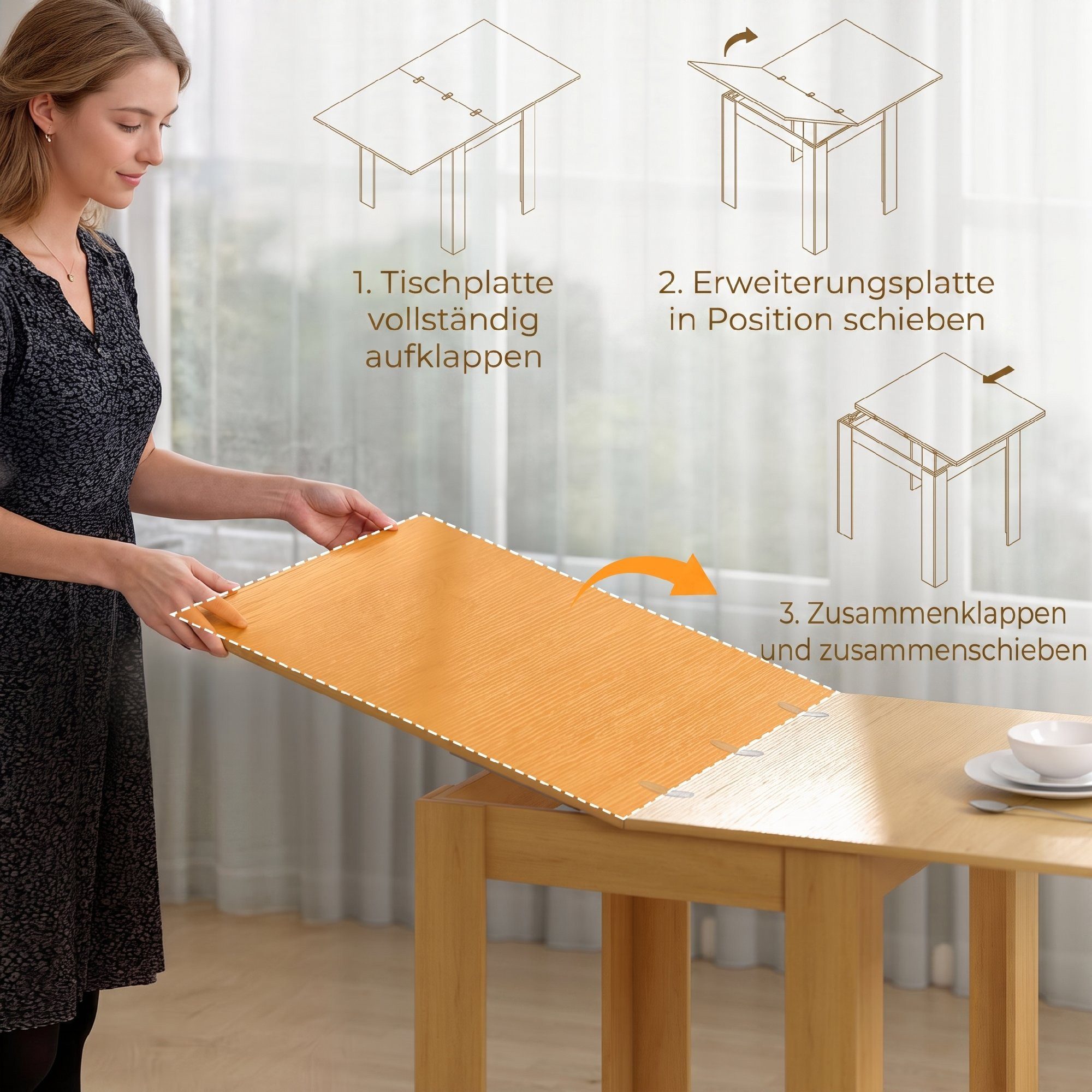 HOMCOM Esstisch Rechteckiger Esszimmertisch Küchentisch für 4–6 Personen (Set, 1-St., 1 Tisch), Klapp- und Ausziehfunktion, Breite 140 cm – Bild 5 von 5