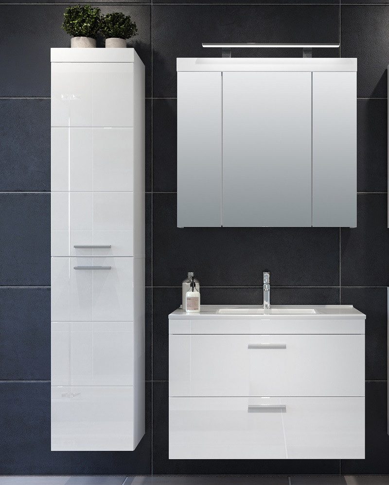 trendteam Badmöbel-Set Badezimmer Set Devon, inkl. Waschbecken, weiß Hochglanz, 3-teilig, (3-St)