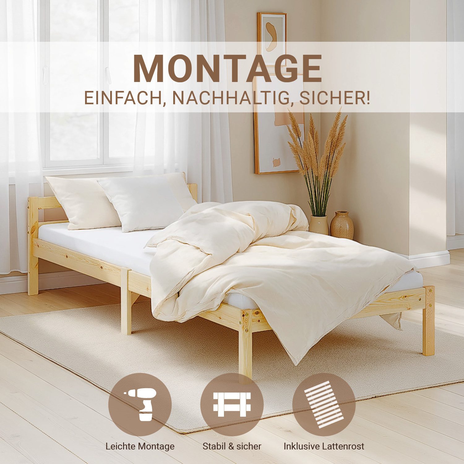 Homestyle4u Palettenbett 90x200 Futonbett Einzelbett Kinderbett Kiefer Natur Lattenrost Set (Set, mit Lattenrost), Naturbelassen, 90x200