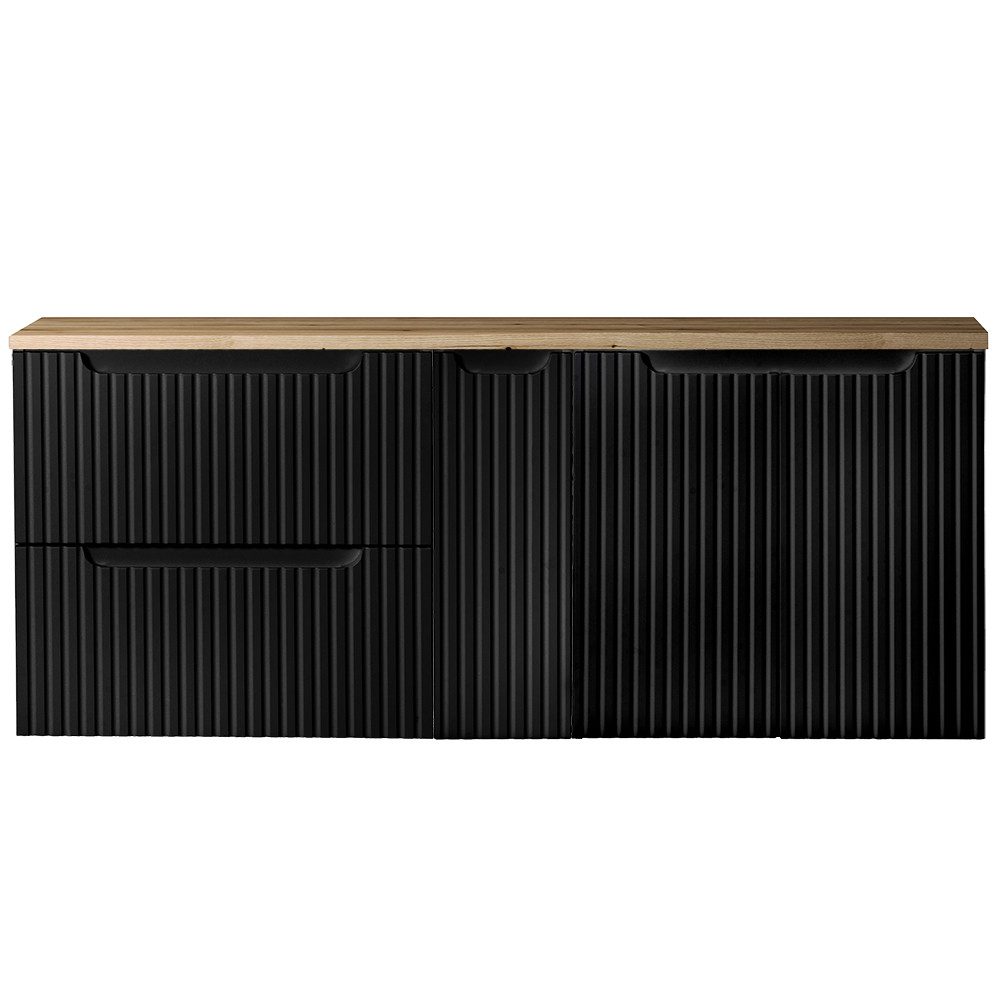 Lomadox Waschbeckenschrank NEWPORT-56-BLACK 140cm, in schwarz mit Eiche, gerillte Front, grifflos