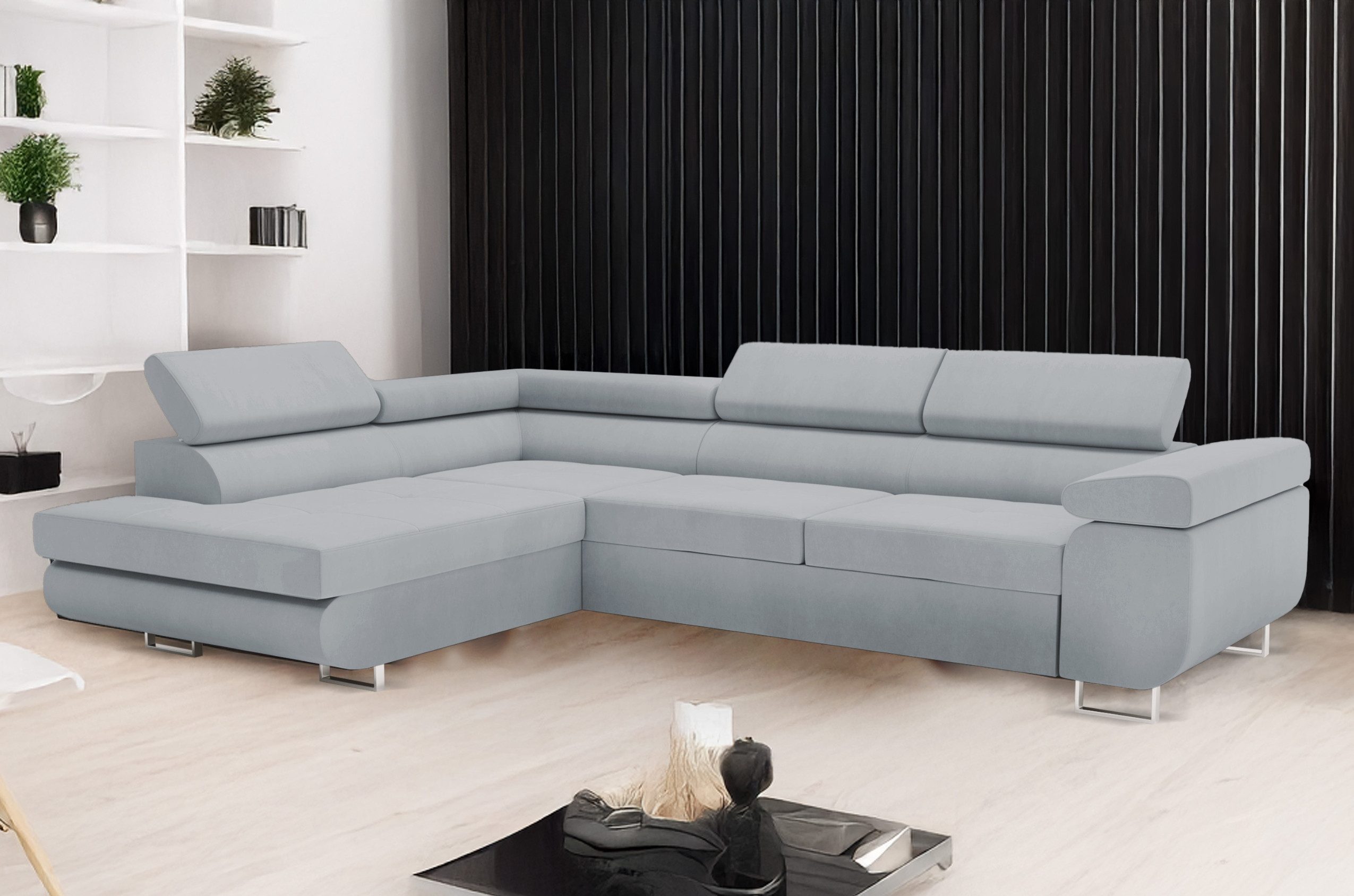 Goldstoff Ecksofa mit Schlaffunktion & Bettkasten - hochwertiges Sofa, Couch mit Schlaffunktion für Wohnzimmer - Schlafsofa - Eckcouch, Eckcouch mit praktischem Bettkasten in beige