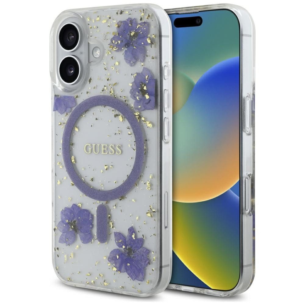Guess Handyhülle Schutzhülle Magnethülle Blumenhülle 6,1 Zoll, MagSafe, Blumendesign, Goldpartikel, erhöhte Kanten