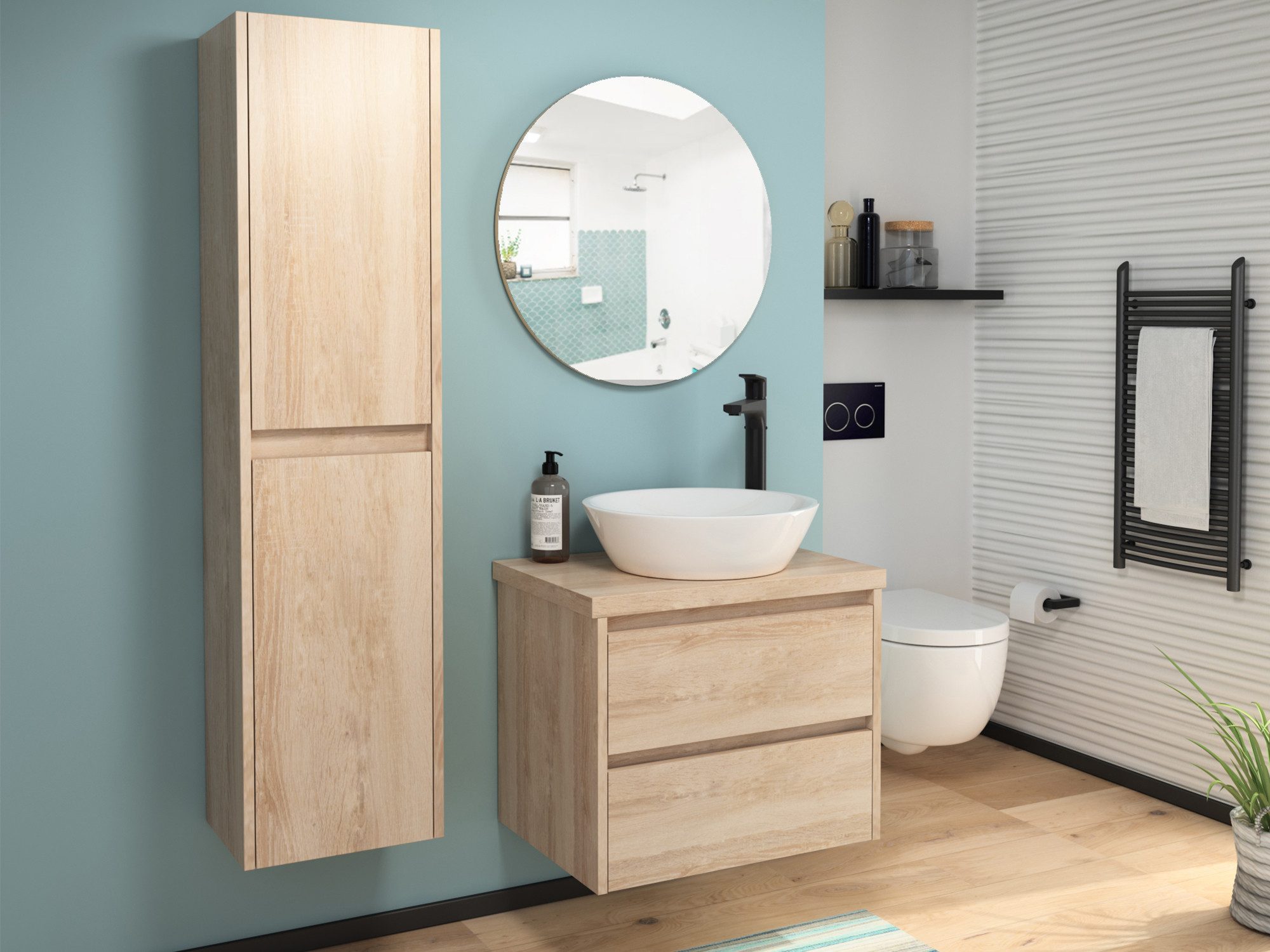 Aqua Bagno Badmöbel-Set mit Waschbecken, 60cm, Waschtisch-Unterschrank vormontiert, (1-St., Unterschrank, Trägerplatte und Aufsetzwaschbecken rund ohne Überlauf), Zwei Vollauszugschubladen mit Softclose Funktion