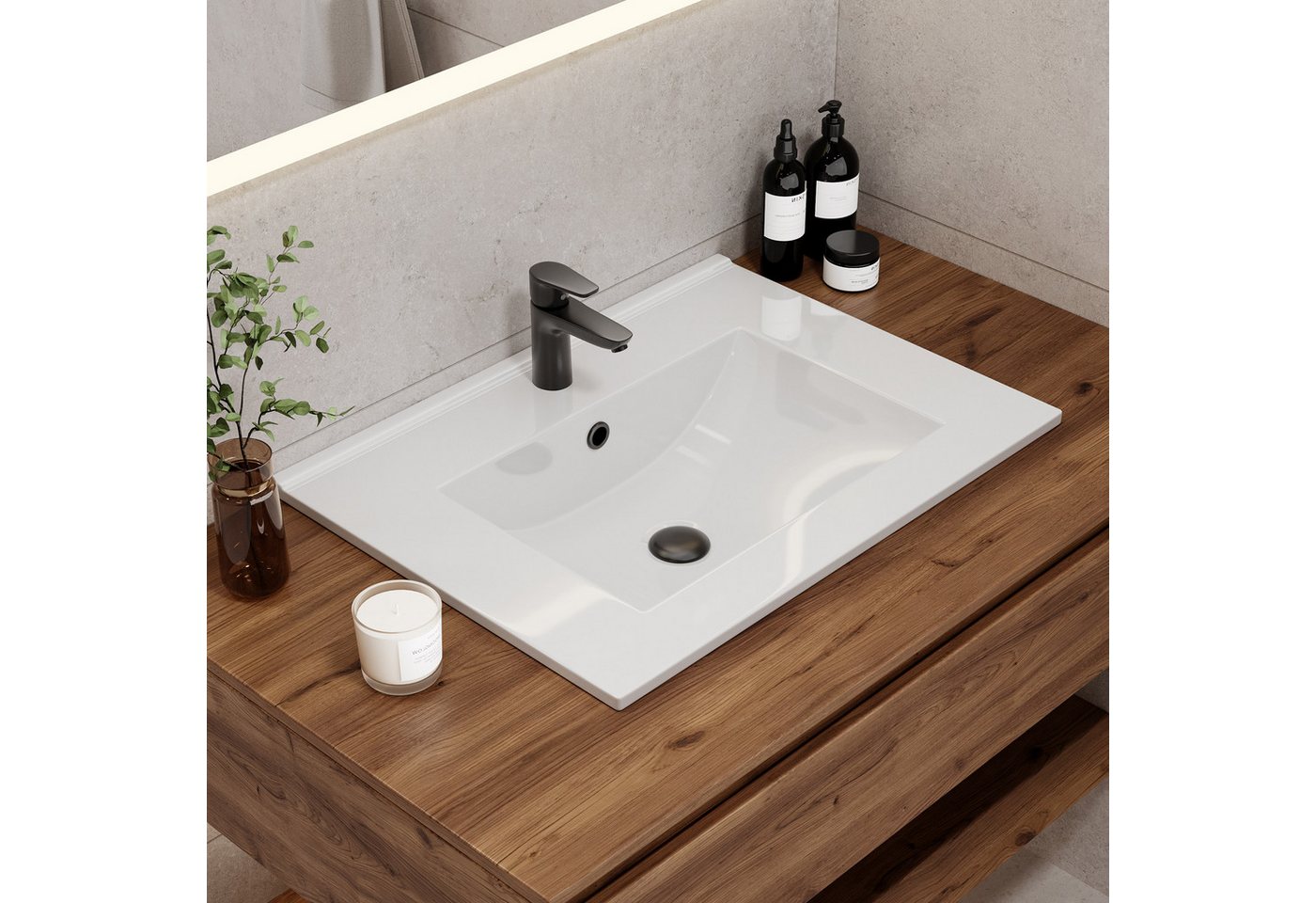 Thumbnail - HOROW Waschbecken Gäste WC Keramik Einbau-Waschbecken, 61*46 cm, Mit Überlauf,Weiß (Badezimmer Waschtisch, Einsatz-Wasch...