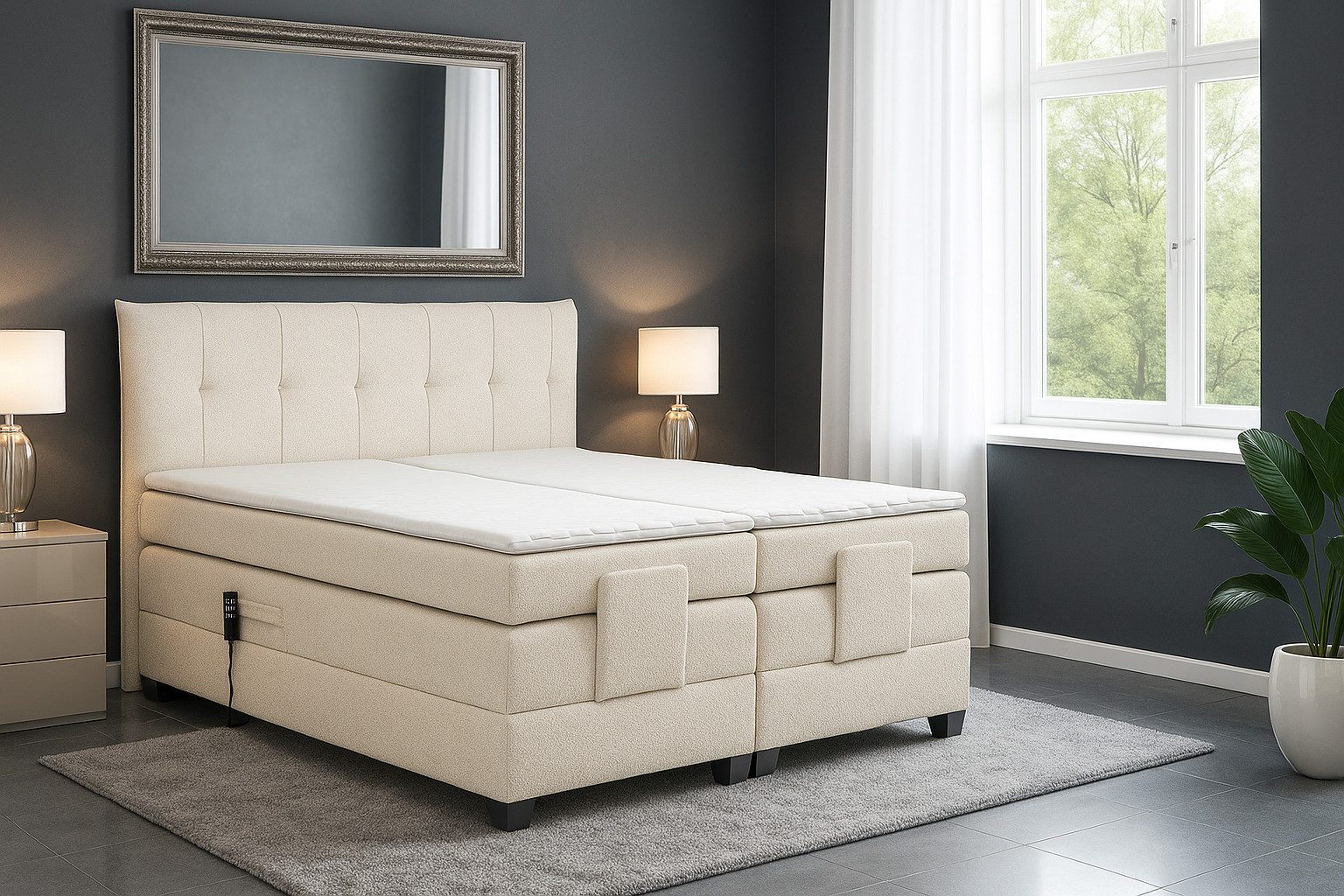 M-Punkt24 Boxspringbett ADRIA (140x200 cm, Boucle Weiß), Mit Motor inkl. Matratze und Topper