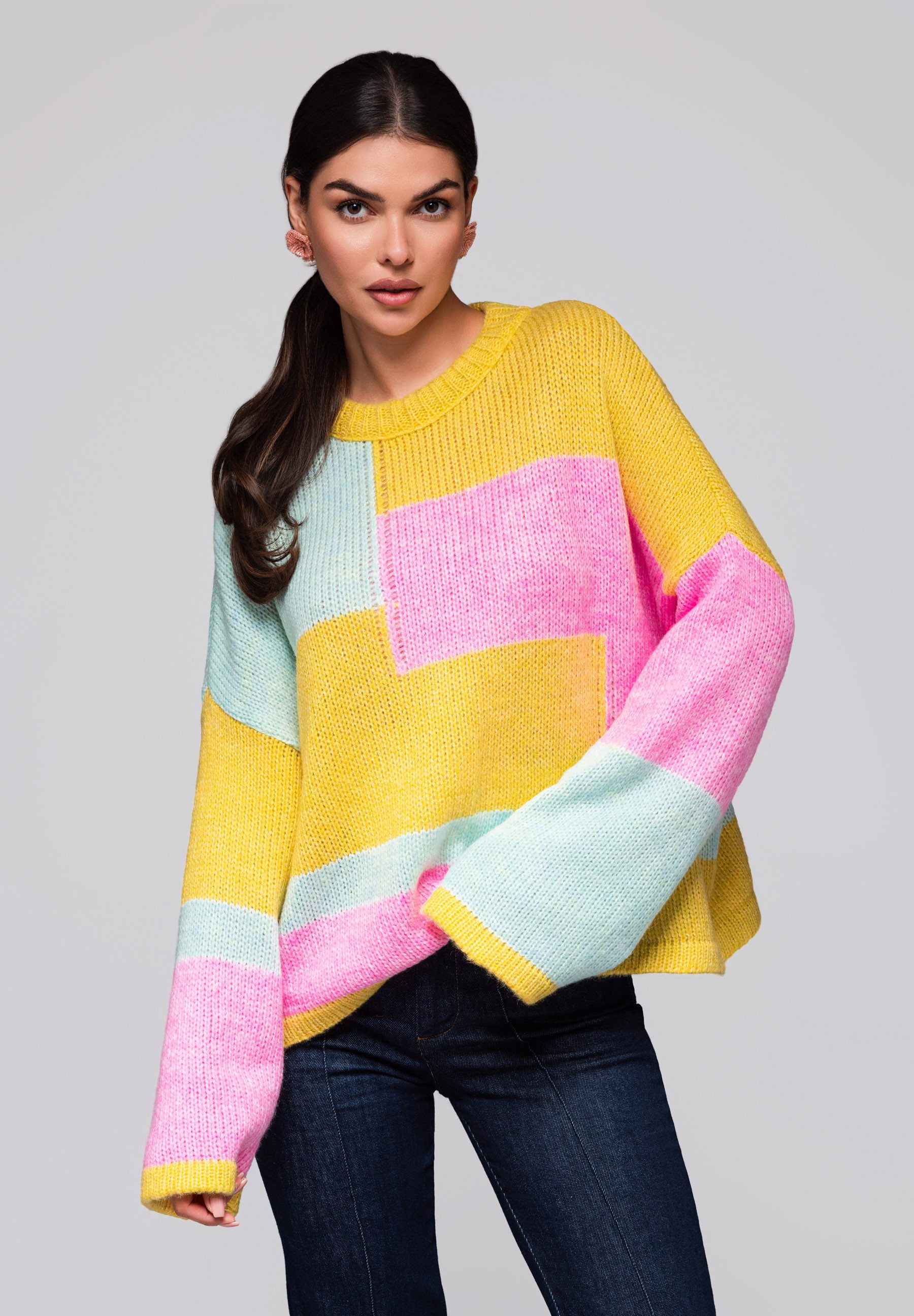 OMBRE Rundhalspullover Farbblock-Pullover mit Pastelltönen