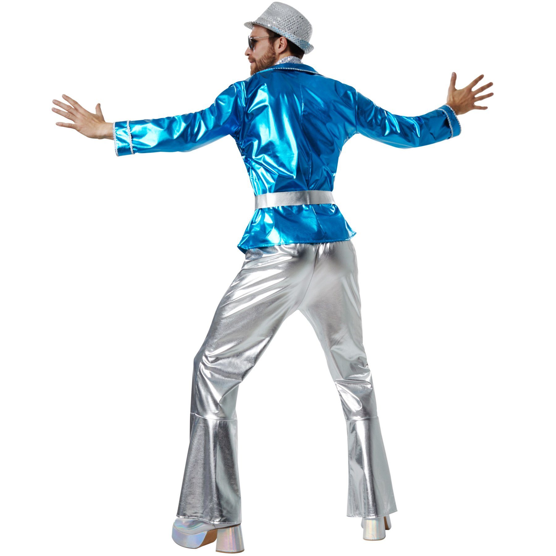 dressforfun Hippie-Kostüm Tänzer/Sänger, Gr. XXL, Silberner Gürtel mit Schnalle in Metalloptik, in der Farbe blau, Hose mit Gummizug und weit ausgestelltem Bein