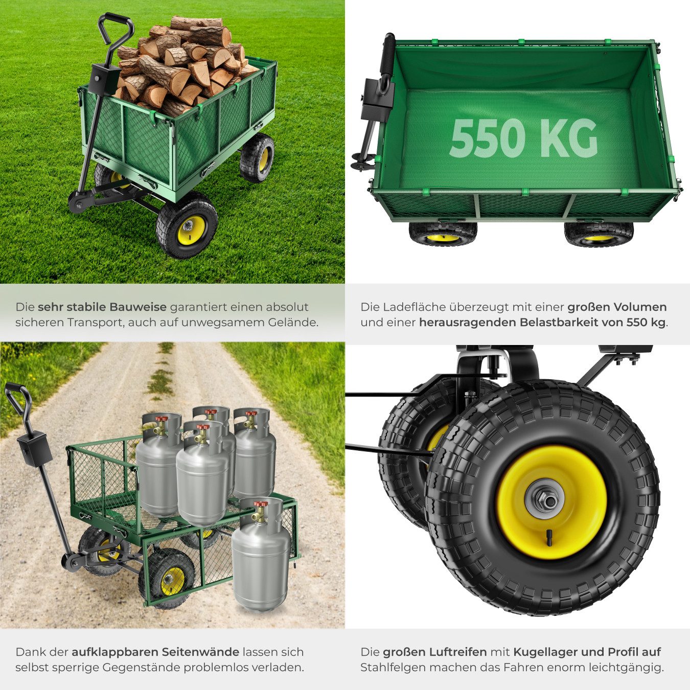 tectake Bollerwagen Faltbarer Handwagen max. 550kg mit klappbaren Seitenwänden (1 Transportwagen, 1-tlg., 150L Volumen in Grün), mit klappbaren Seitenwänden – Bild 5 von 5