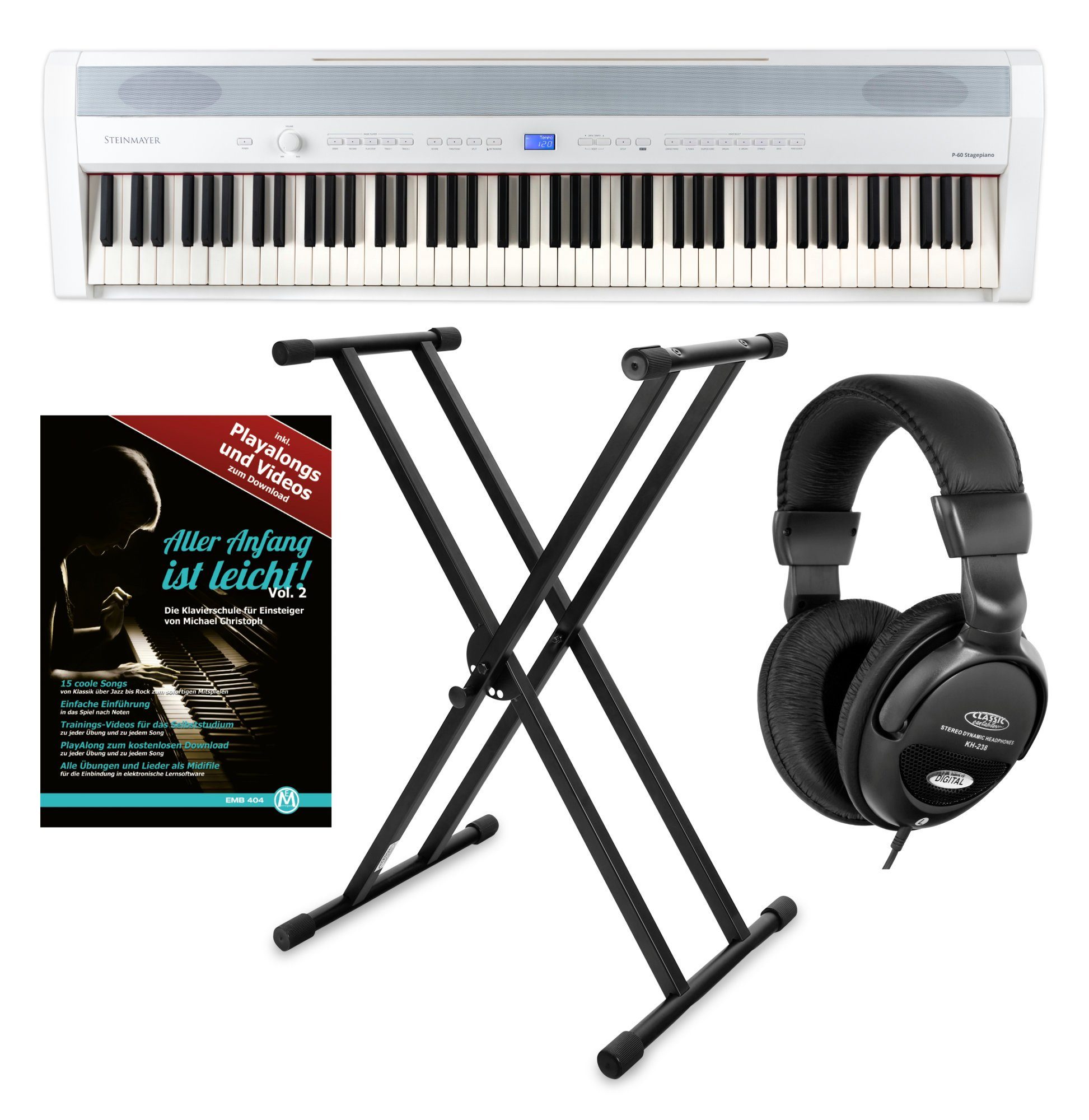 Steinmayer Stage-Piano P-60 Stagepiano 88 Tasten, (Stage-Set, inkl. X-Keyboardständer, Kopfhörer & Schule), Hammermechanik, 128-fach polyphon, Aufnahme- & Begleitfunktion