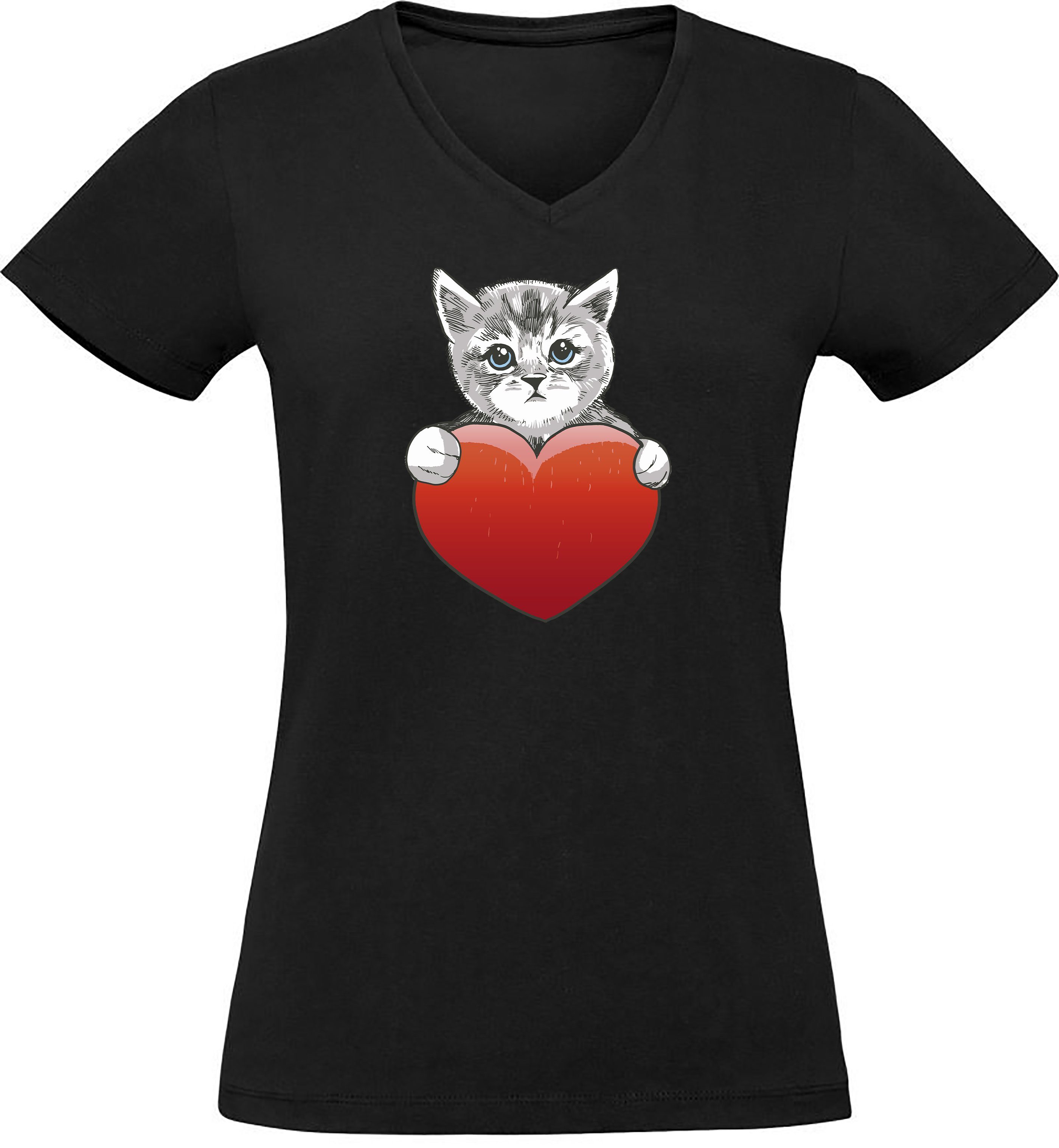 Damen T-Shirt Katzen bedruckt Fit, Shirt - schwarz MyDesign24 Katze mit rotem Baumwollshirt Slim Herz Print Aufdruck, mit i120