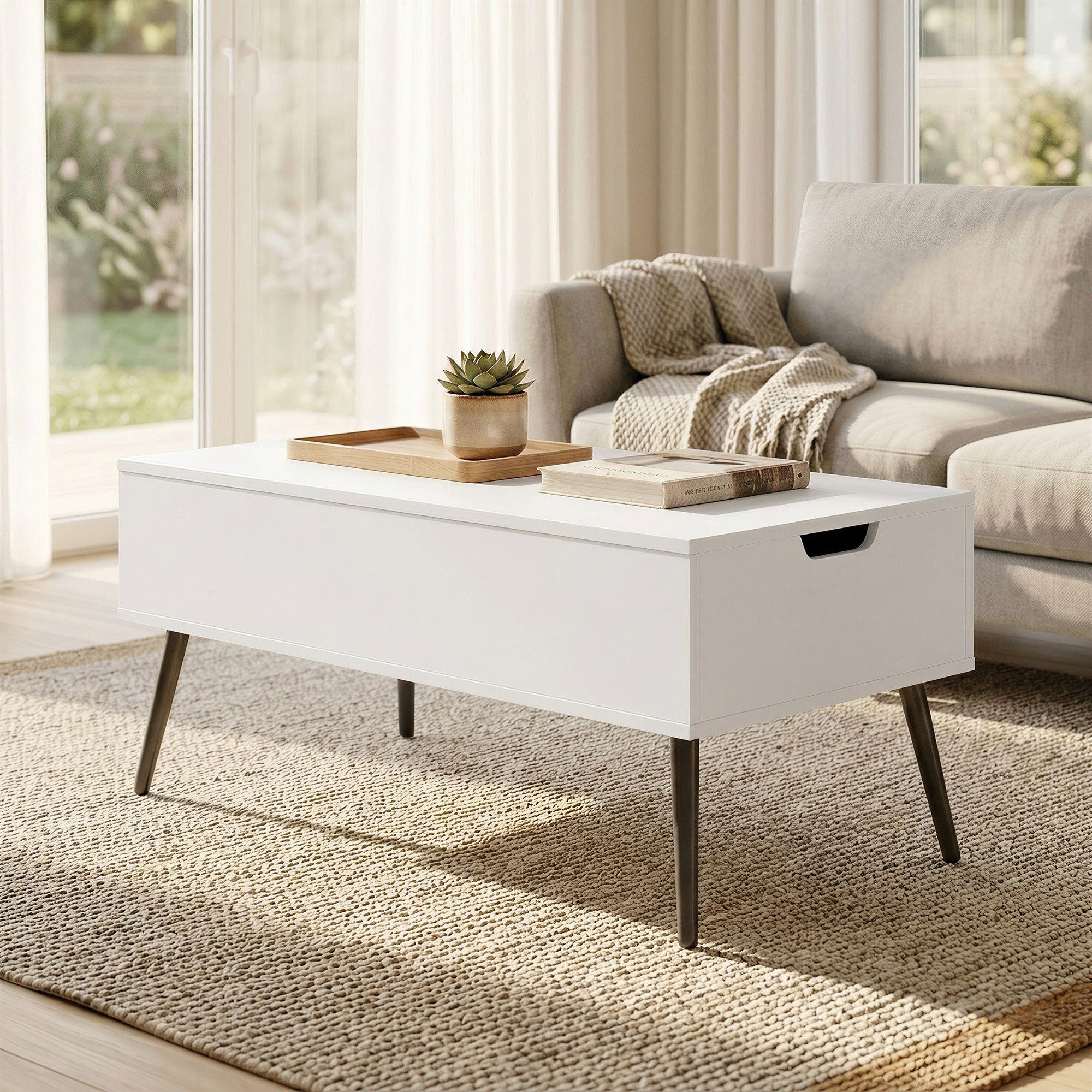 OKWISH Couchtisch Wohnzimmertisch 50x100 cm Weiß mit verstecktem Stauraum (Packung, 1-St., Moderner Sofatisch für Wohnzimmer mit cleverer Funktion), Höhenverstellbarer Tisch mit praktischem Aufbewahrungsfach
