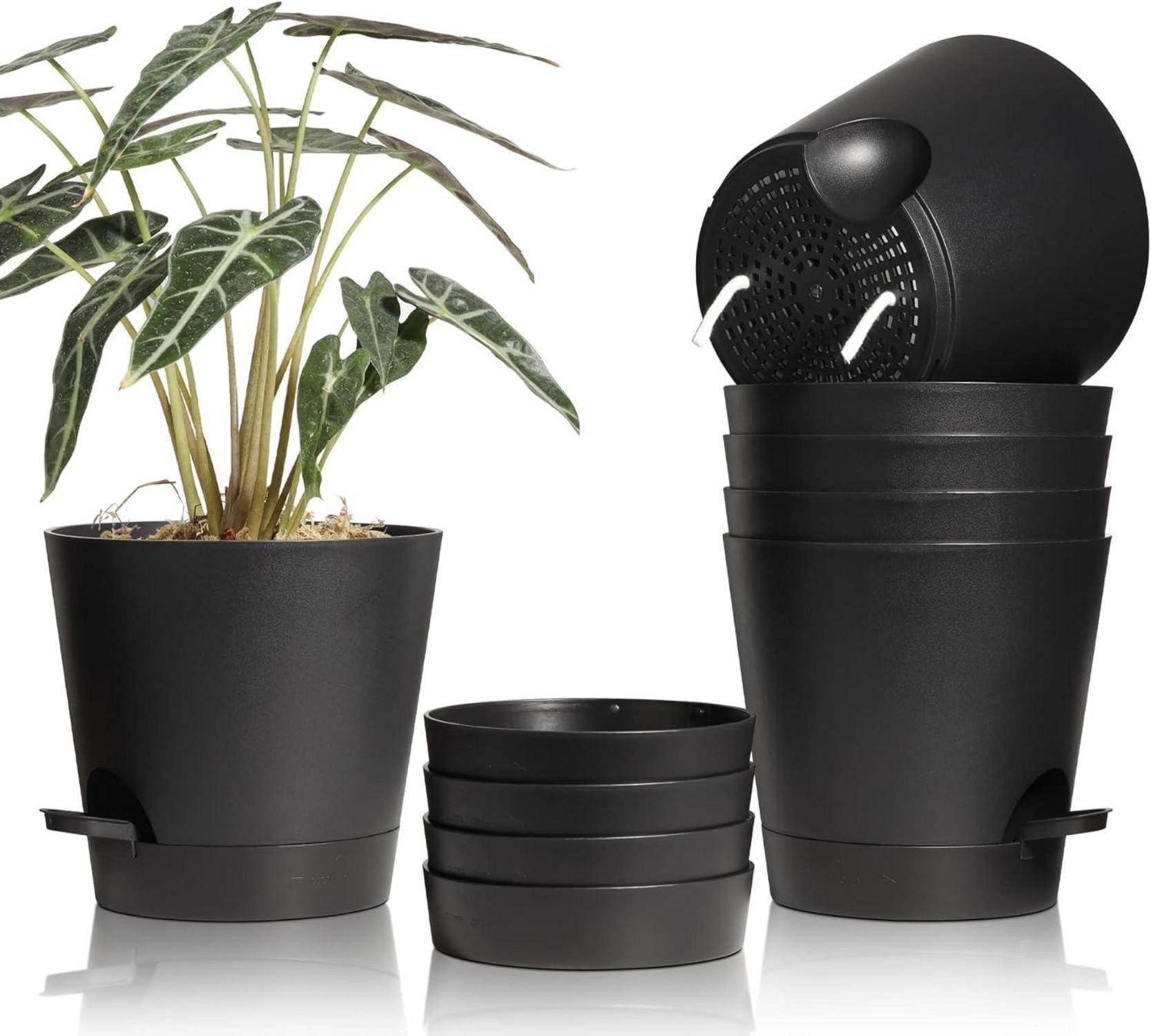 Pflanzkübel 20cm Selbstbewässernder Kunststoff Blumentopf Schwarz 6er-Set