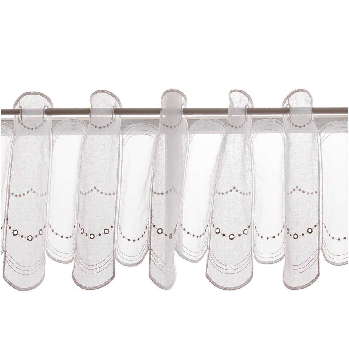 SCHÖNER LEBEN. Stoff Scheibengardinen Meterware nähfrei Stickerei weiß silber 30cm Höhe, bestickt