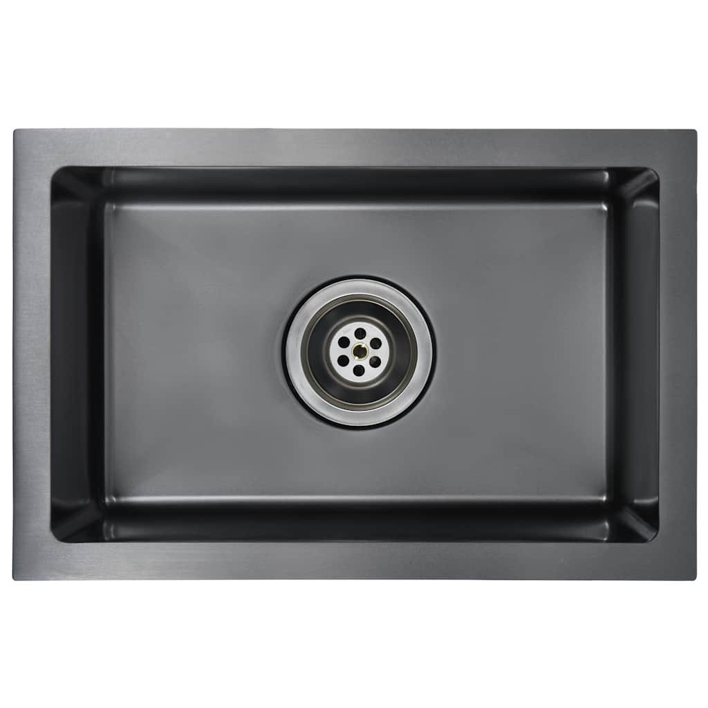 vidaXL Granitspüle Handgefertigte Küchenspüle Schwarz Edelstahl, 29/44 cm
