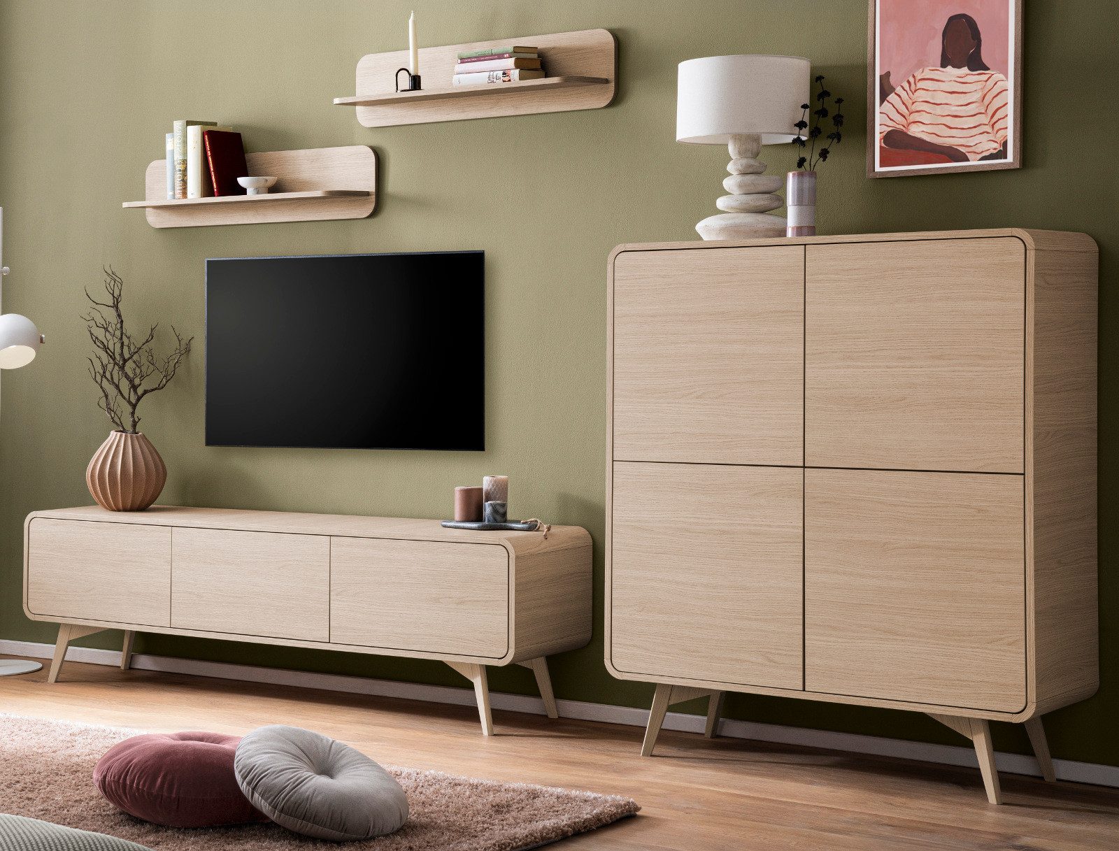 Furn.Design Wohnwand Elverum, (Wohnkombination 4-teilig in Eiche Natur, Breite ca. 310 cm), mit viel Stauraum und Push-To-Open-Funktion