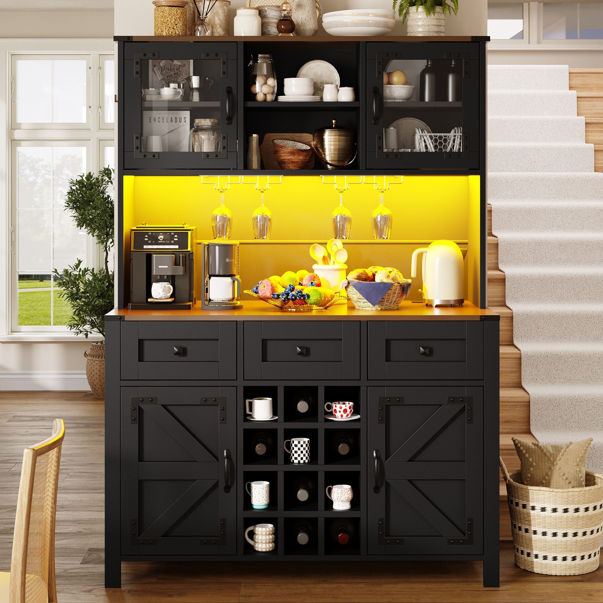 Celya Hochschrank Küchenschrank mit LED, USB-Anschlüssen und Steckdosen (120×40×170cm, mit 4 Türen und 3 Schubladen) ideal für Küche, Home-Office oder Wohnbereich