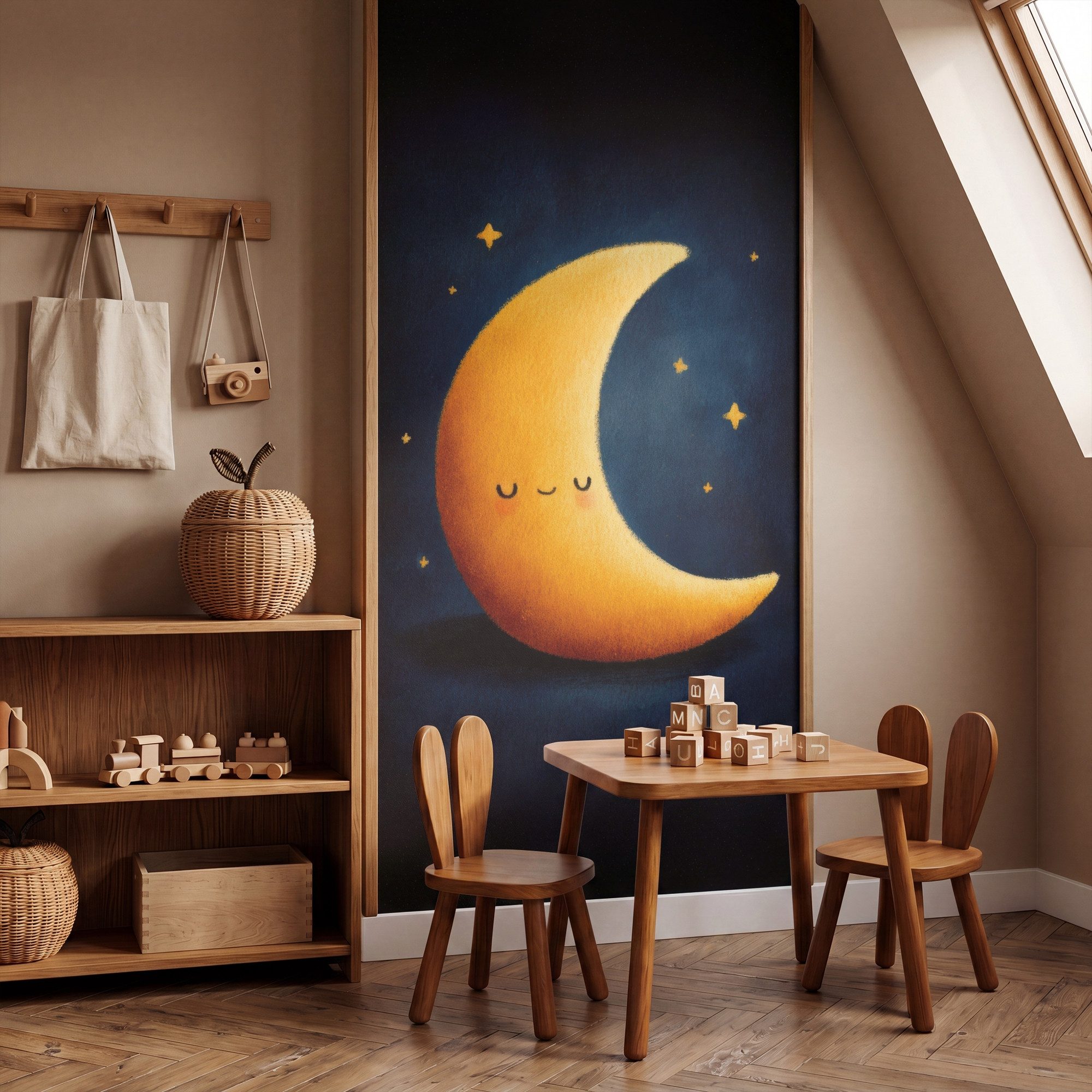 OnlyWow Fototapete Mond - Gelb - Sterne - Gesicht, Matt, bedruckt, Wandtapete, Schlafzimmer, Wanddekoration 100x220cm