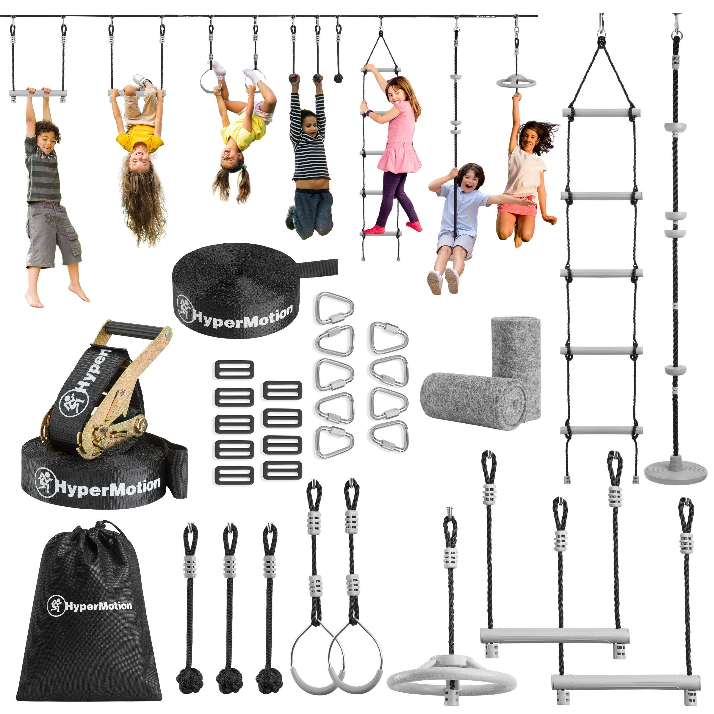HyperMotion Slackline Ninja Slackline Parcours für Kinder – Mit 10 Hindernissen & Tasche