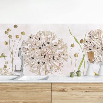 Bilderdepot24 Küchenrückwand beige dekor Blumen Landhaus Kunst Vintage Allium Helenium Illustration, (1-tlg., Nischenrückwand - für Fliesenspiegel ohne Bohren - matt), Spritzschutz Rückwand Küche Herd - Folie selbstklebend versch. Größen