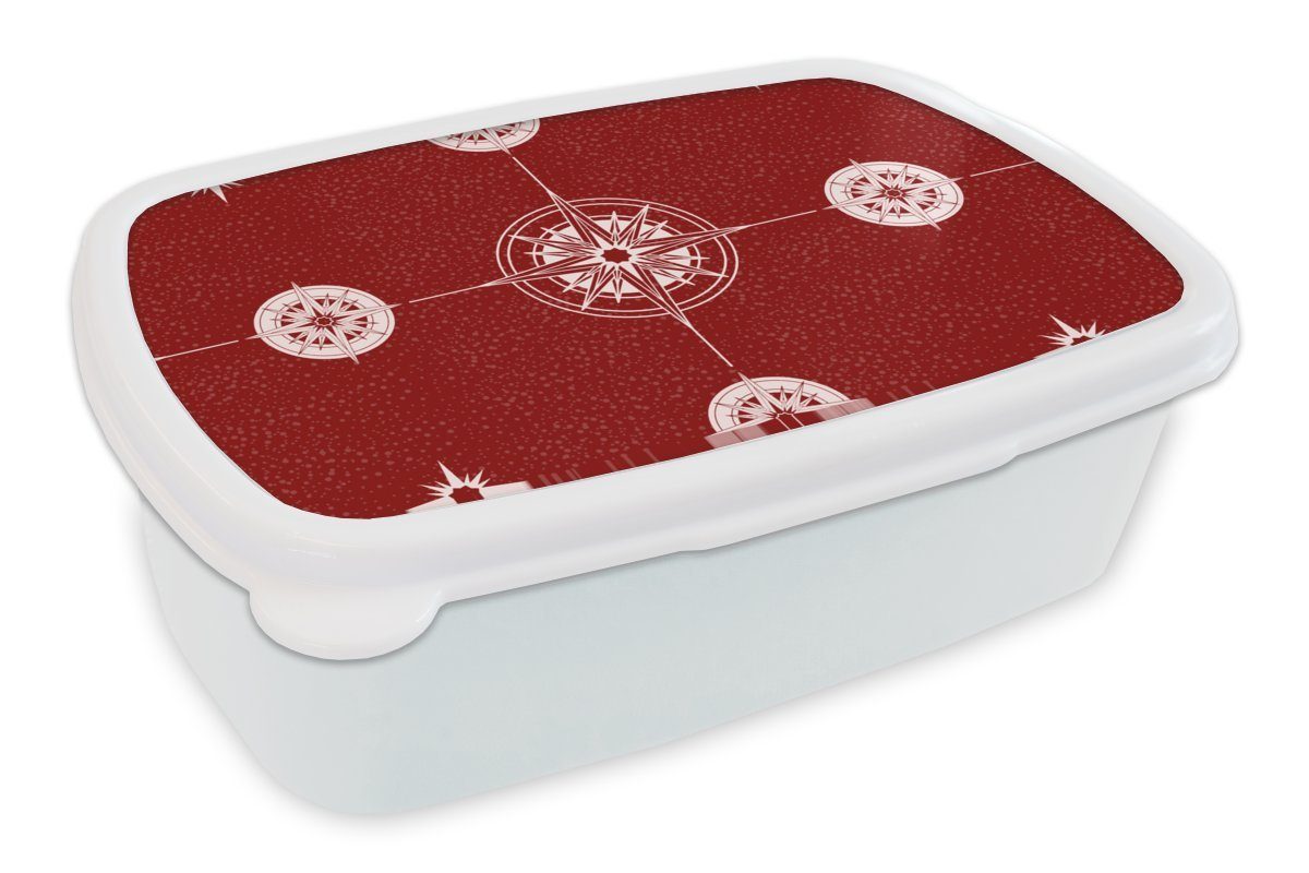 MuchoWow Lunchbox Kompass - Reisen - Muster, Kunststoff, (2-tlg), Brotbox für Kinder und Erwachsene, Brotdose, für Jungs und Mädchen weiß