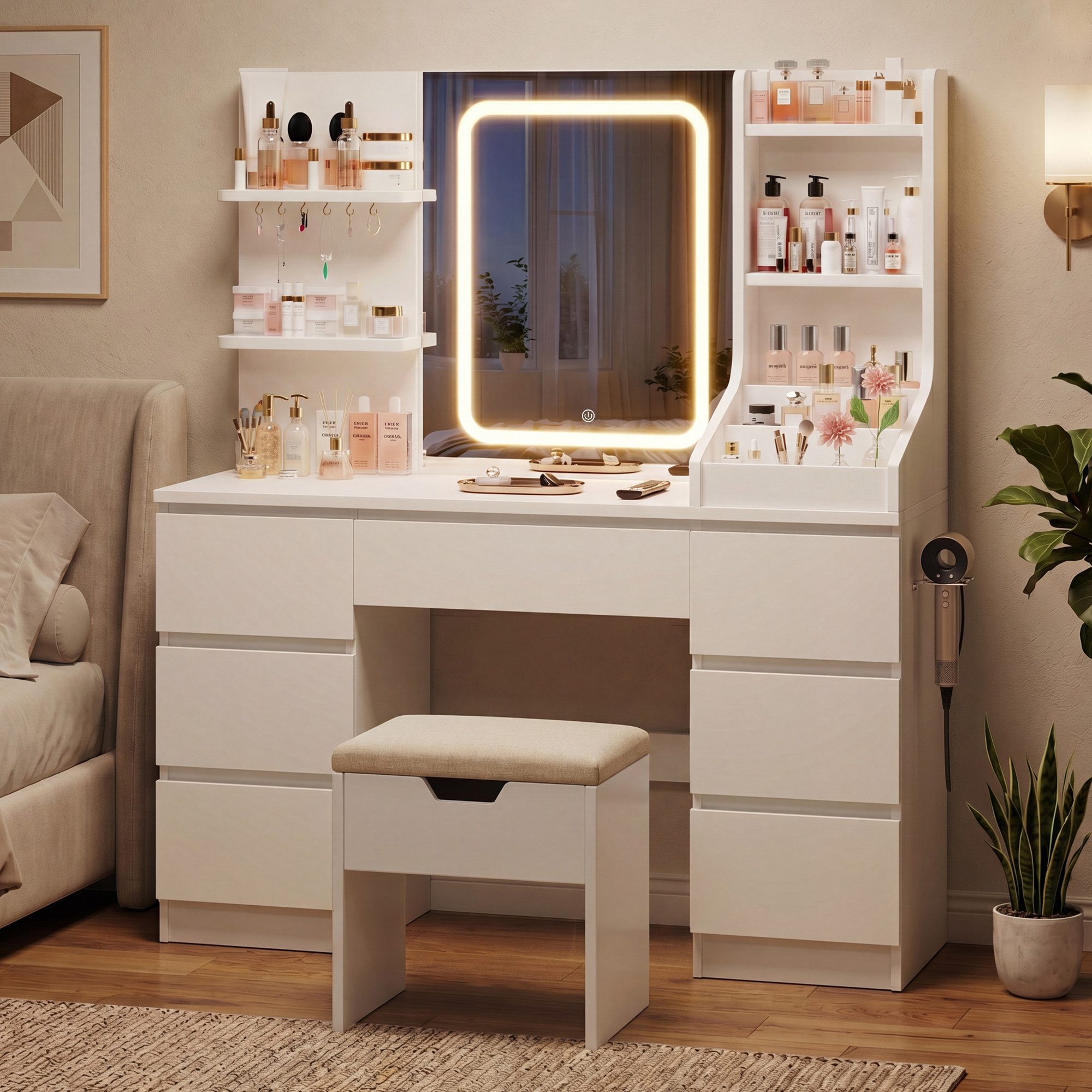 HOMALL Schminktisch Spiegel mit LED-Beleuchtung, 7 Schubladen (Maße: 110 × 40 × 139 cm, drei einstellbare Farbtemperaturen, mit 8 offenen Ablagefächern, 6 Schmuckhaken, 2 Steckdosen, 1 USB-Anschluss, 1 Typ-C-Anschluss und einer Haartrocknerhalterung)