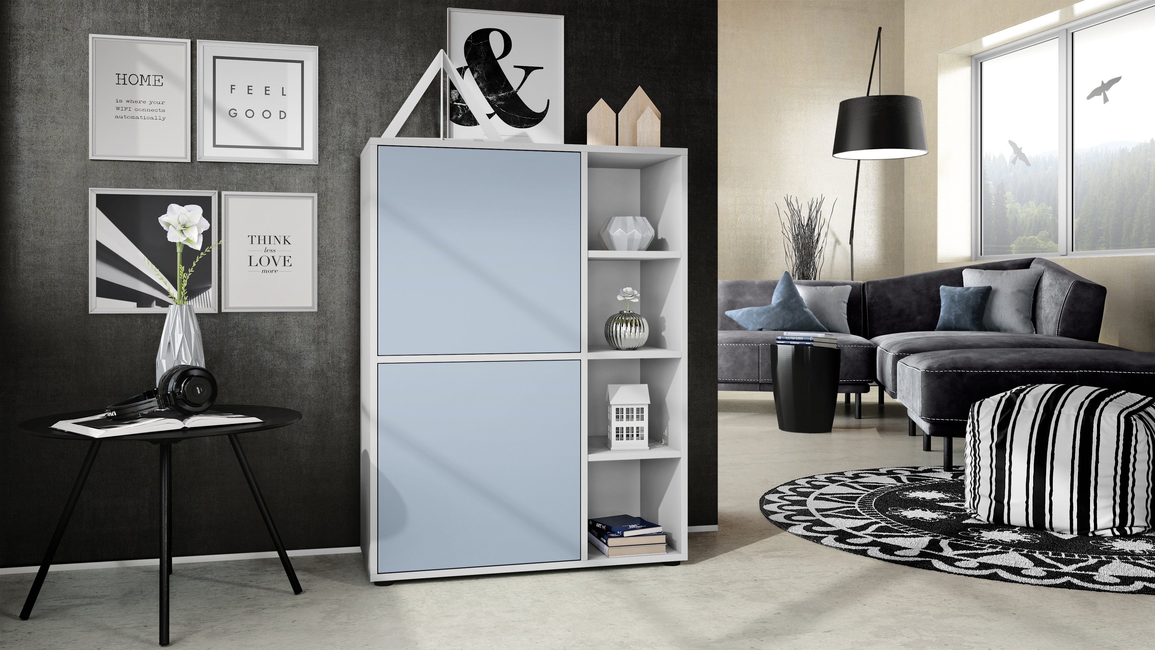 Vladon Wohnwand Miami, (Wohnraum Set, bestehend aus 2 Highboards), Weiß matt / Denim matt