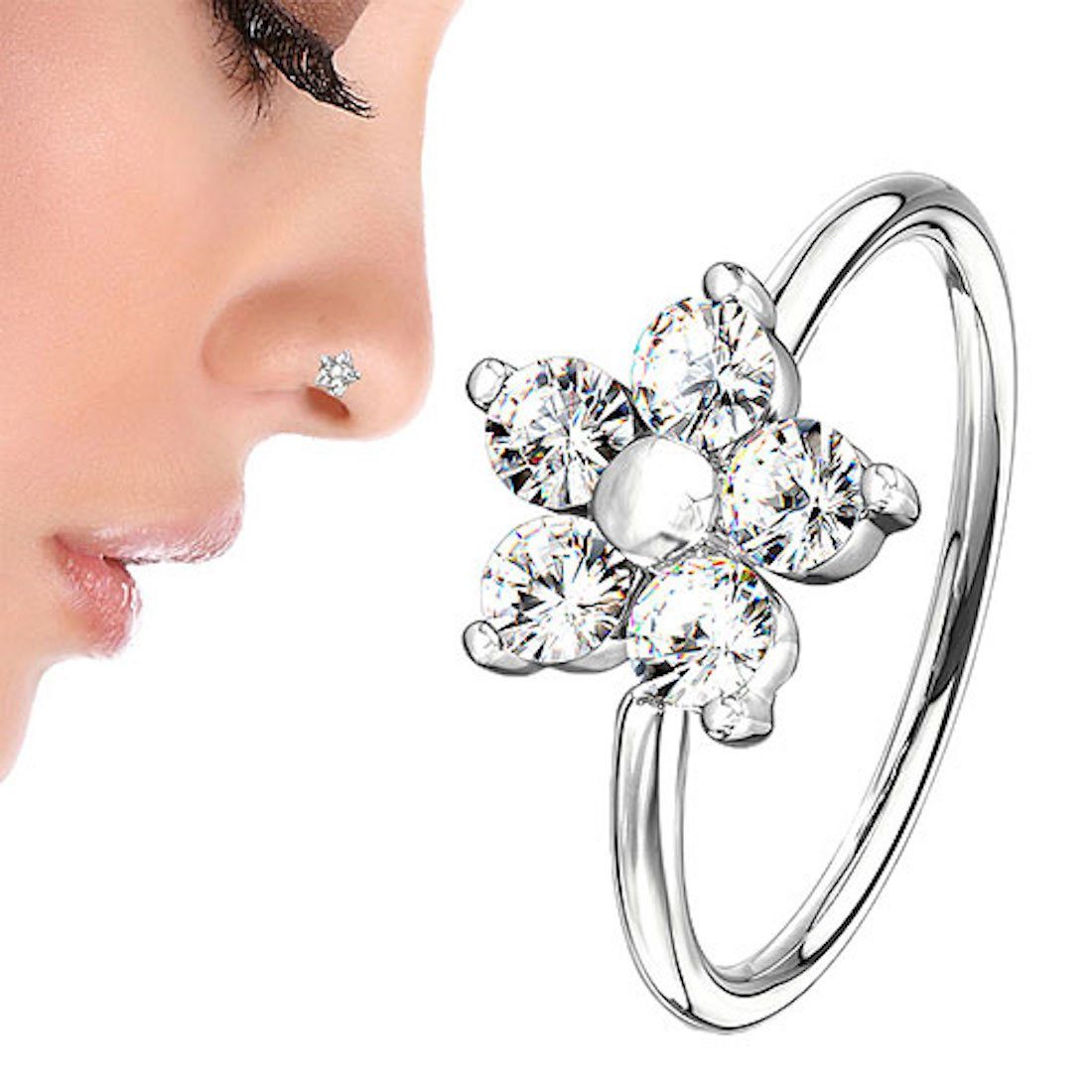 Taffstyle Nasenpiercing Universal Ohr Nase Lippen Piercing Biegbar Blume mit Kristall (Biegbar, funkelnd und vielseitig tragbar – filigranes Kristall Blumenpiercing)