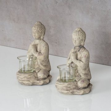 Levandeo® Teelichthalter, 2er Set Teelichthalter Buddha Figur Keramik je 19cm hoch Grau