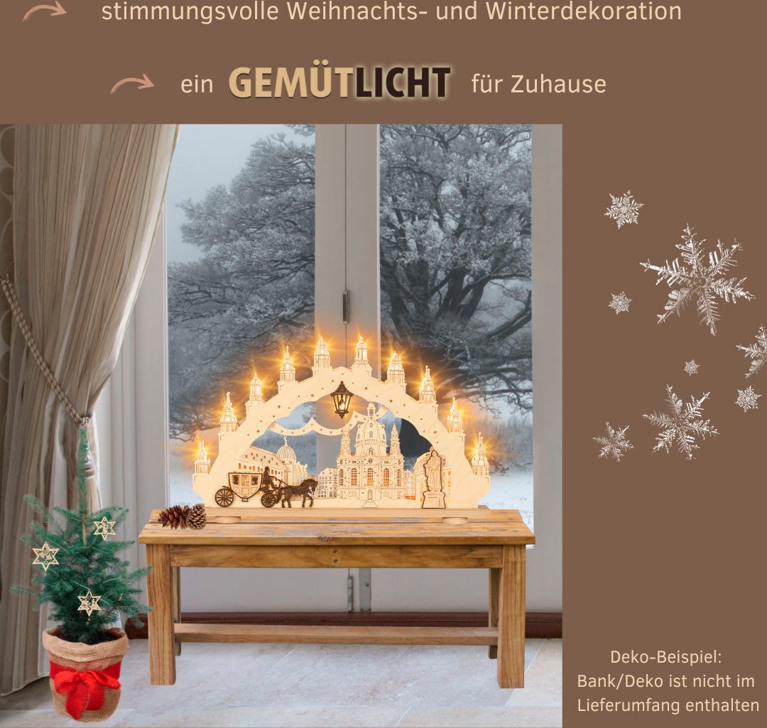 Weigla LED Schwibbogen Dresdner Frauenkirche, Holz Lichterbogen, NATUR-BRAUN, Made in Germany (1-tlg), Erzgebirge garantiert, Weihnachtsdeko Innen, Weihnachtsbeleuchtung