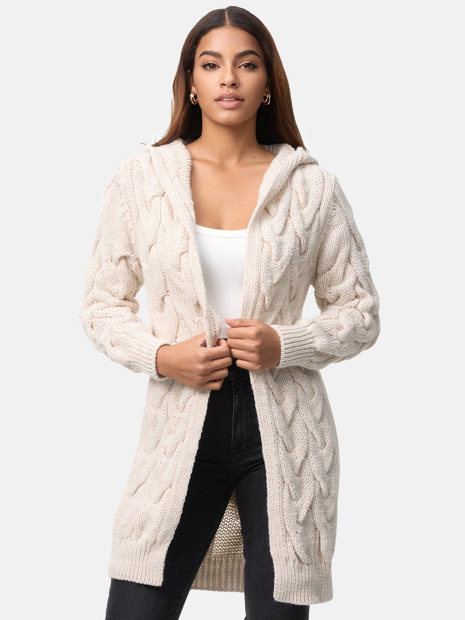 (1-tlg) Cardigan Damen Elara Maxikleid Beige mit Kapuze Elara