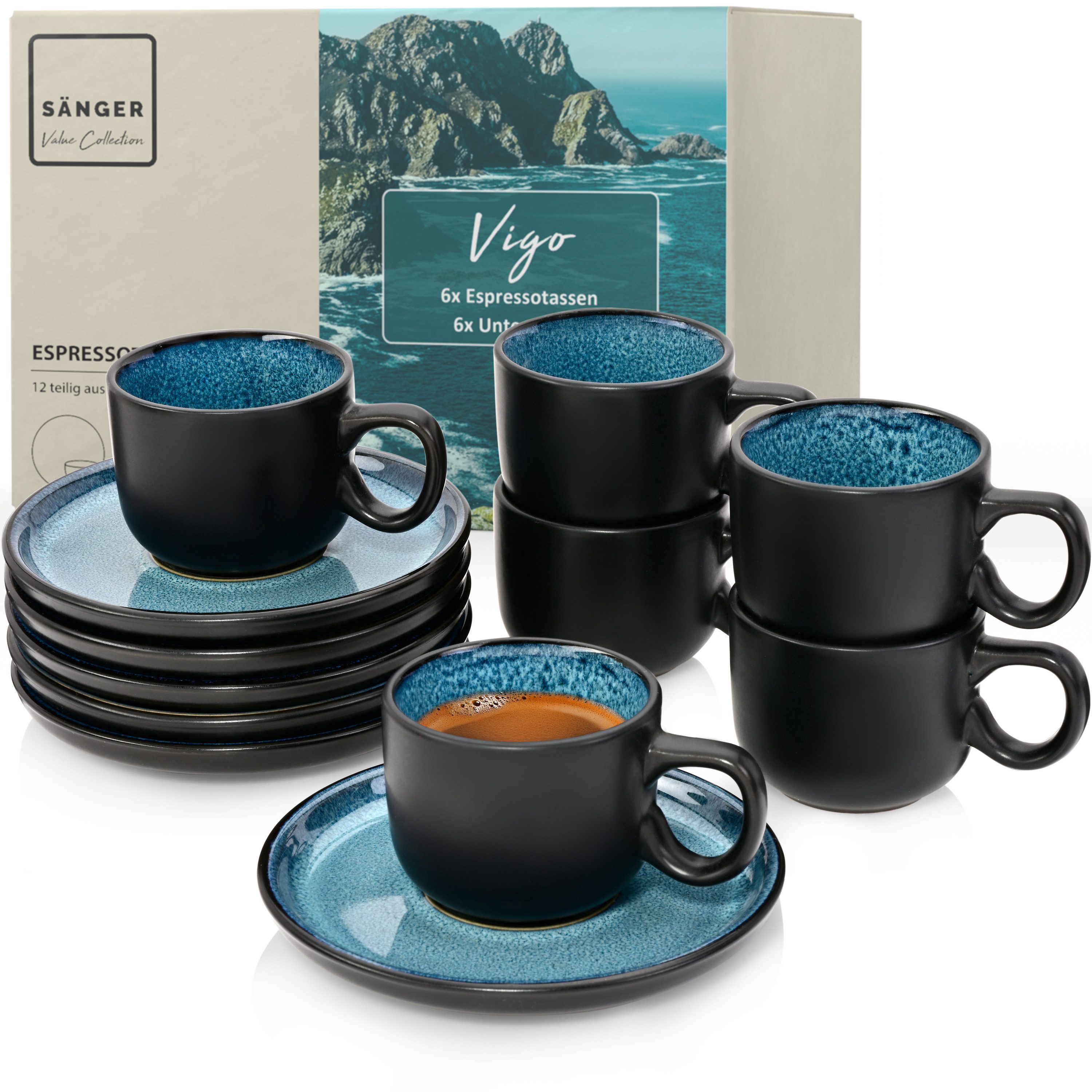 SÄNGER Espressotasse Vigo, 12-tlg., Steingut, Blau-Schwarz, 80 ml, Erweiterbar, Handmade, VALUE COLLECTION