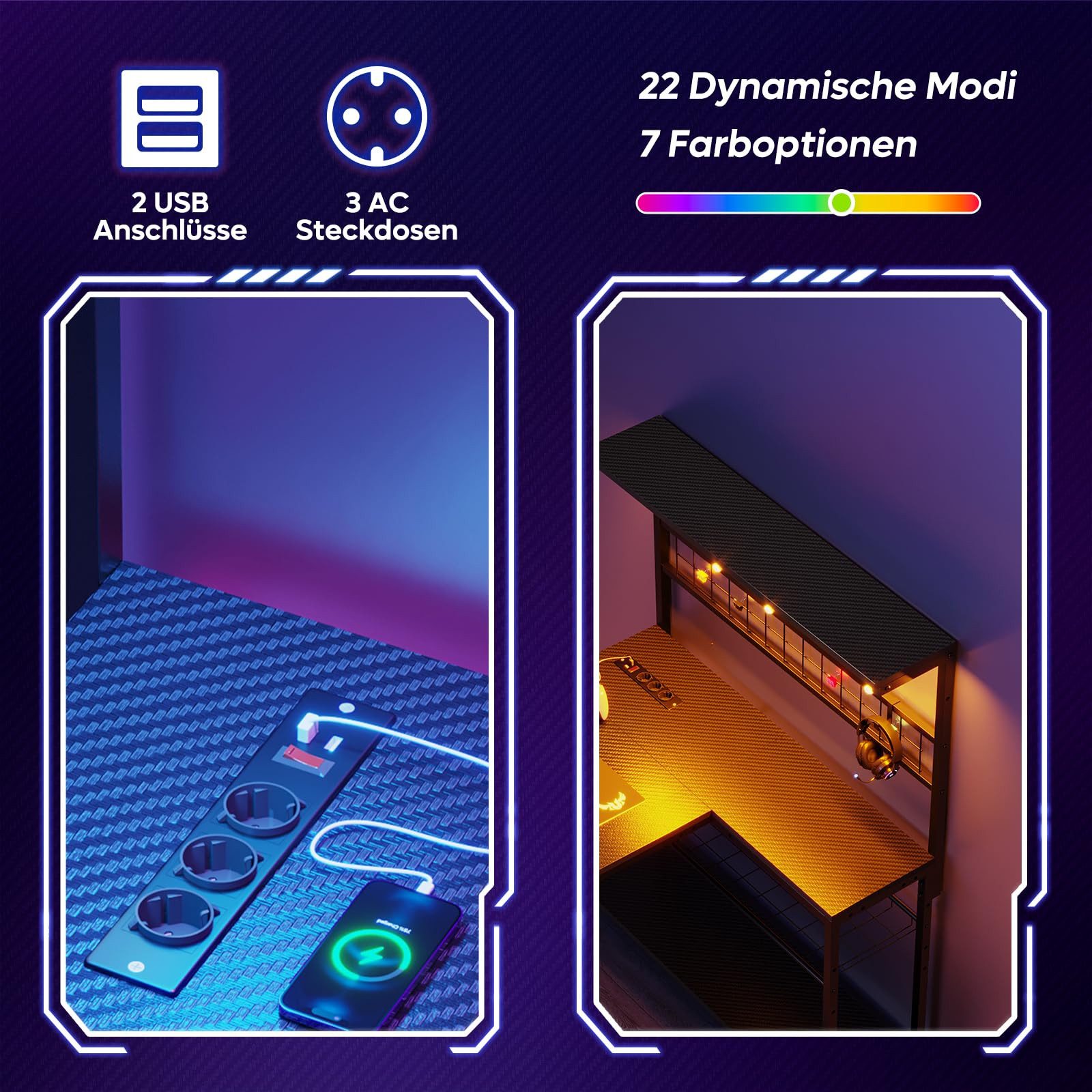 Bestier Gamingtisch L-förmiger Gamingtisch mit LED-Beleuchtung (Reversibler Schreibtisch, 1 Tisch), Jugendschreibtische mit Haken & USB