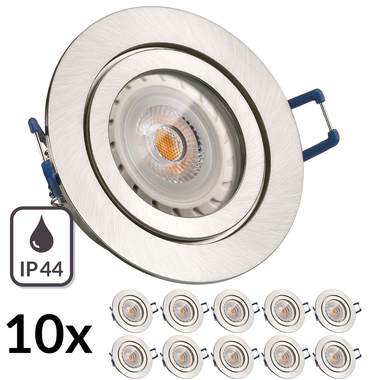 LEDANDO LED Einbaustrahler 10er IP44 LED Einbaustrahler Set Silber gebürstet mit LED GU10 Markens