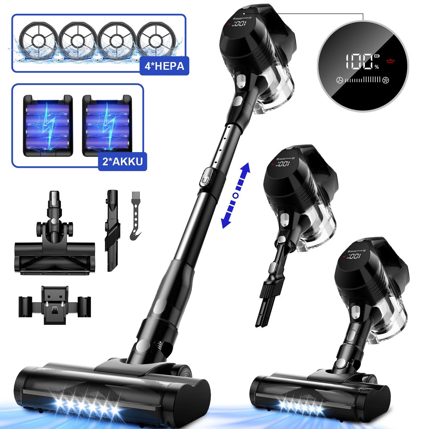 Adormii Akku-Hand-und Stielstaubsauger Akku Staubsauger 60000pa, Staubsauger Kabellos, 60Min/1,8L, beutellos,Smart LED-Display,4*HEPA,Filterwirkung 99,99 %,LED und Anti-Verwicklungs-Bodenbürste, Akkustaubsauger für Teppich, Hartböden, Tierhaare