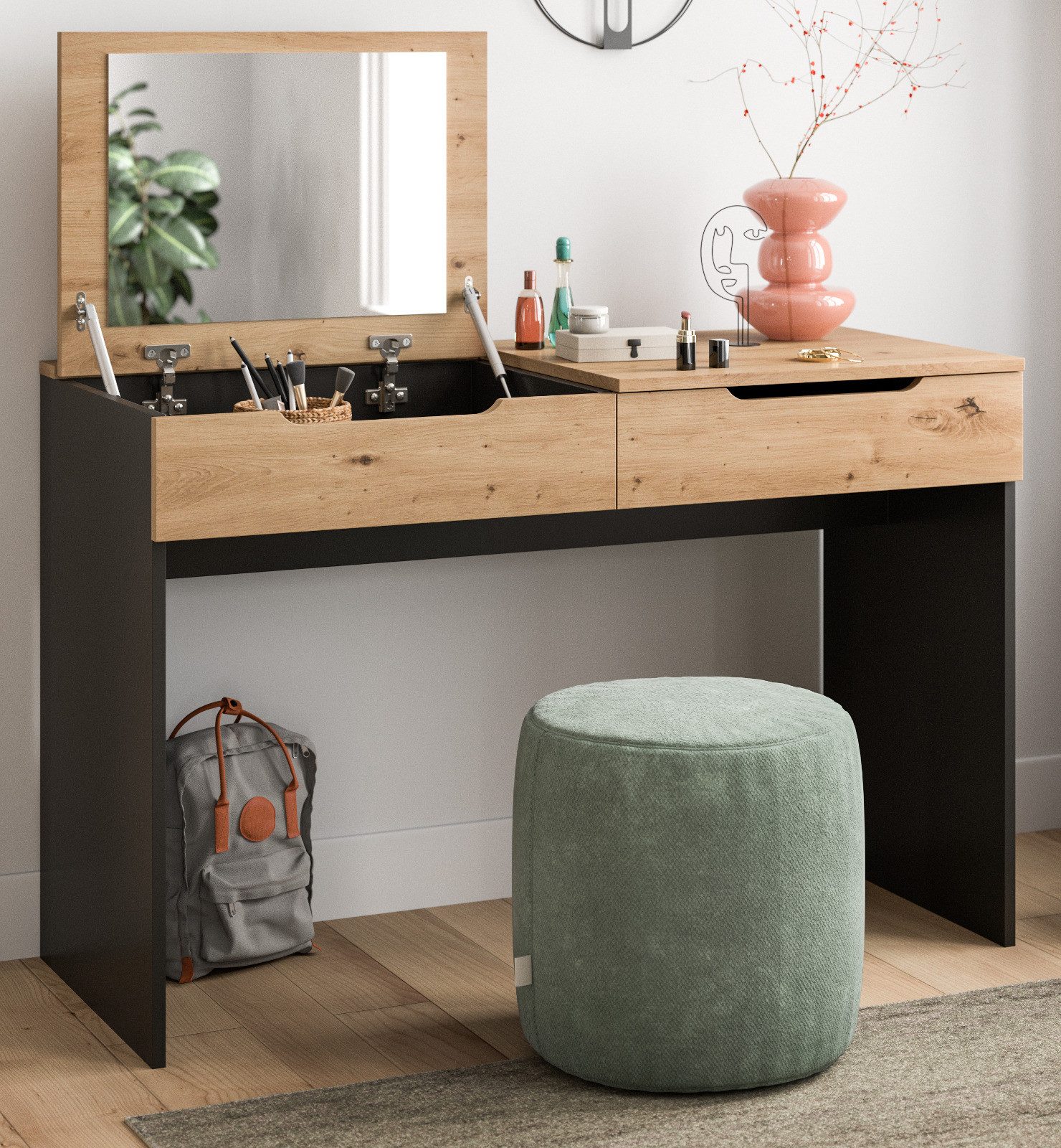Inn.Furn Schminktisch Cooper (Frisiertisch in Eiche Artisan und Grau, 115 x 76 (117) cm), mit Vollauszug, Soft-Close und klappbarem Spiegel