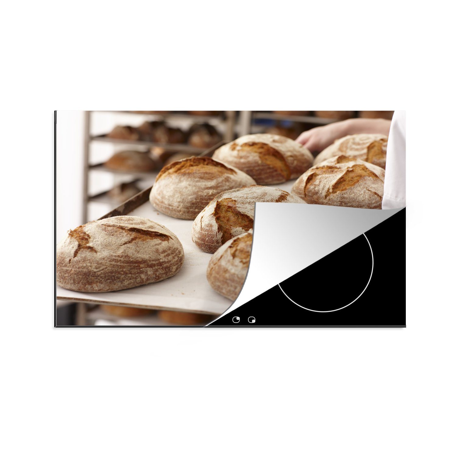 MuchoWow Herdblende-/Abdeckplatte Ein Bäcker trägt mit für küche, Vinyl, Brot, ein Schutz (1 cm, Tablett 81x52 die Ceranfeldabdeckung tlg), Induktionskochfeld