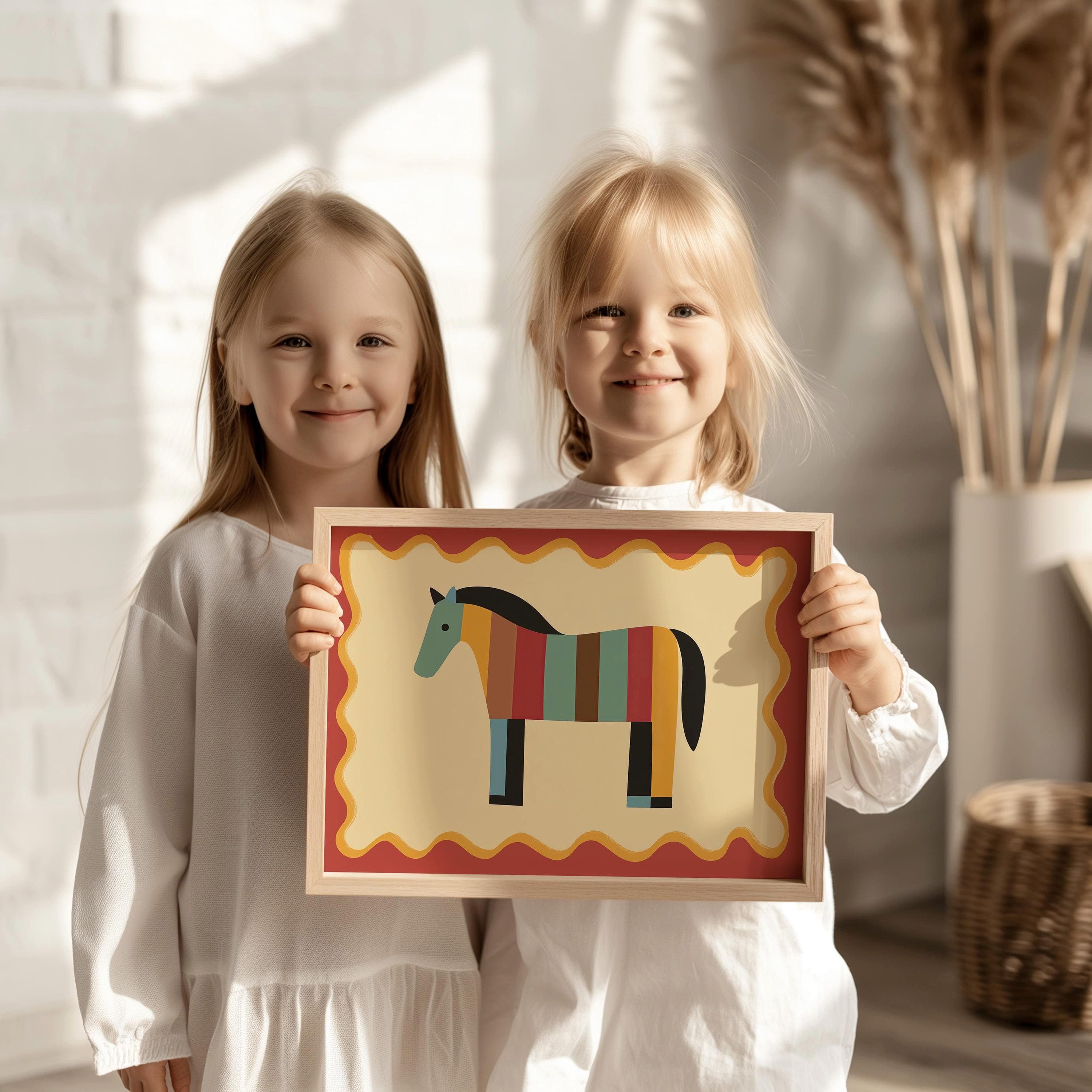 JUSTGOODMOOD Poster Kinderzimmer Pferd Bunt gestreiftes Pferd Farbenfrohe Deko für Mädchen, (1 St)