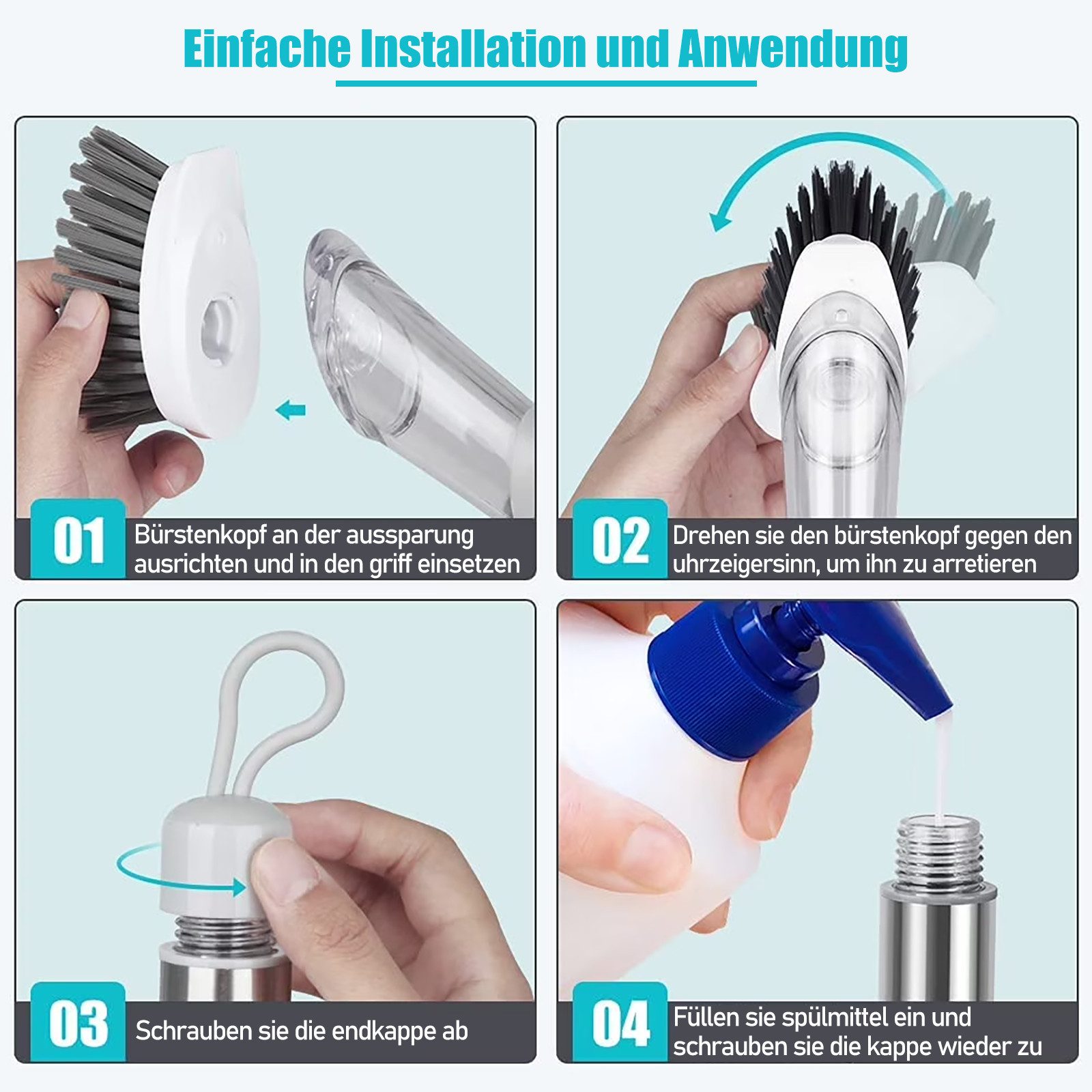 HUGERSTONE Reinigungsbürste Spülbürste mit Spülmittelspender, Multifunktional Küchenbürste Set, für Teller, Gläser, Besteck und Töpfe, (Set, 4-tlg, 1 x Spülbürs – Bild 4 von 5