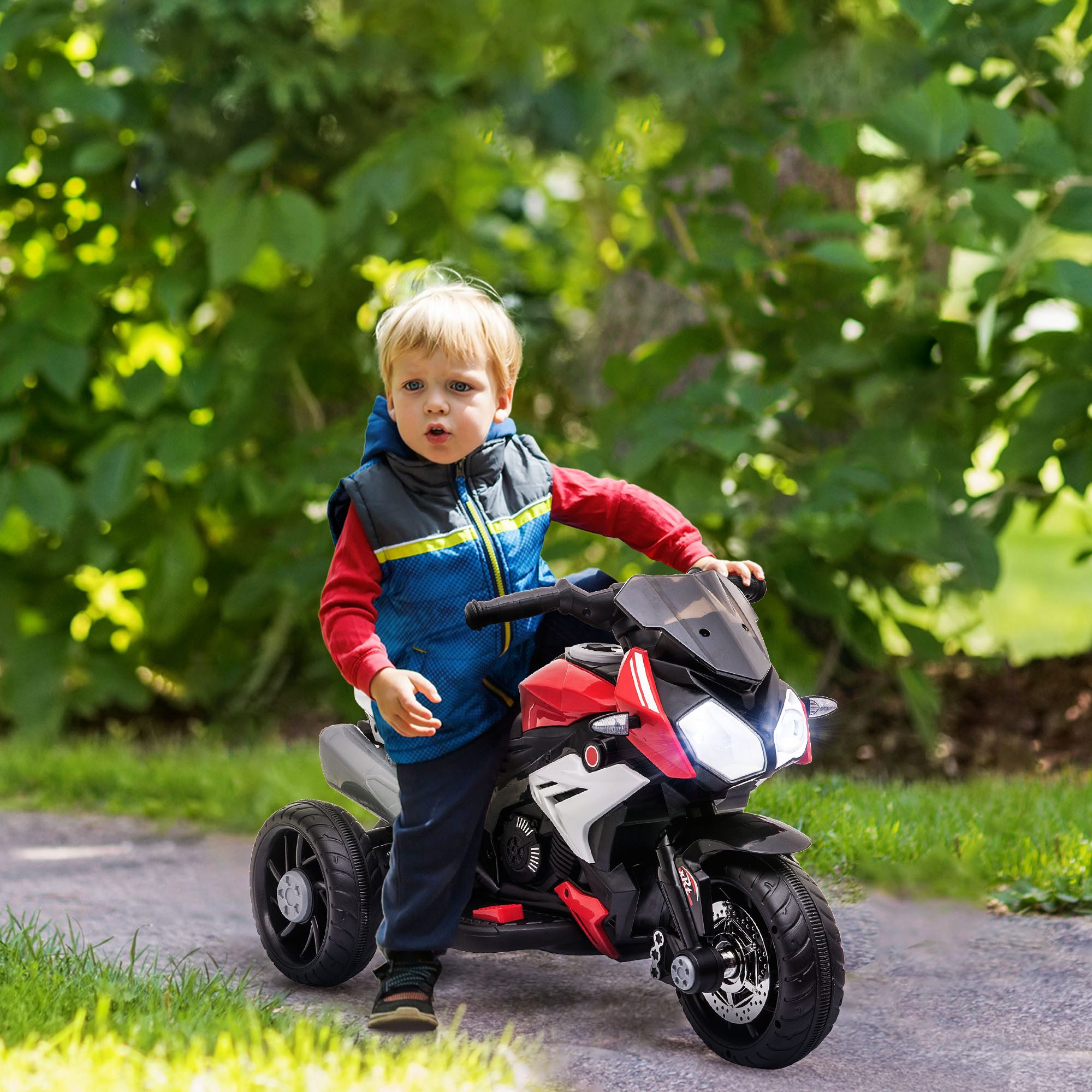 HOMCOM Elektro-Kindermotorrad mit Musik, Scheinwerfer, Geschwindigkeit 3km/h, Belastbarkeit 25 kg, (1-tlg), für Kinder 3-5 Jahre