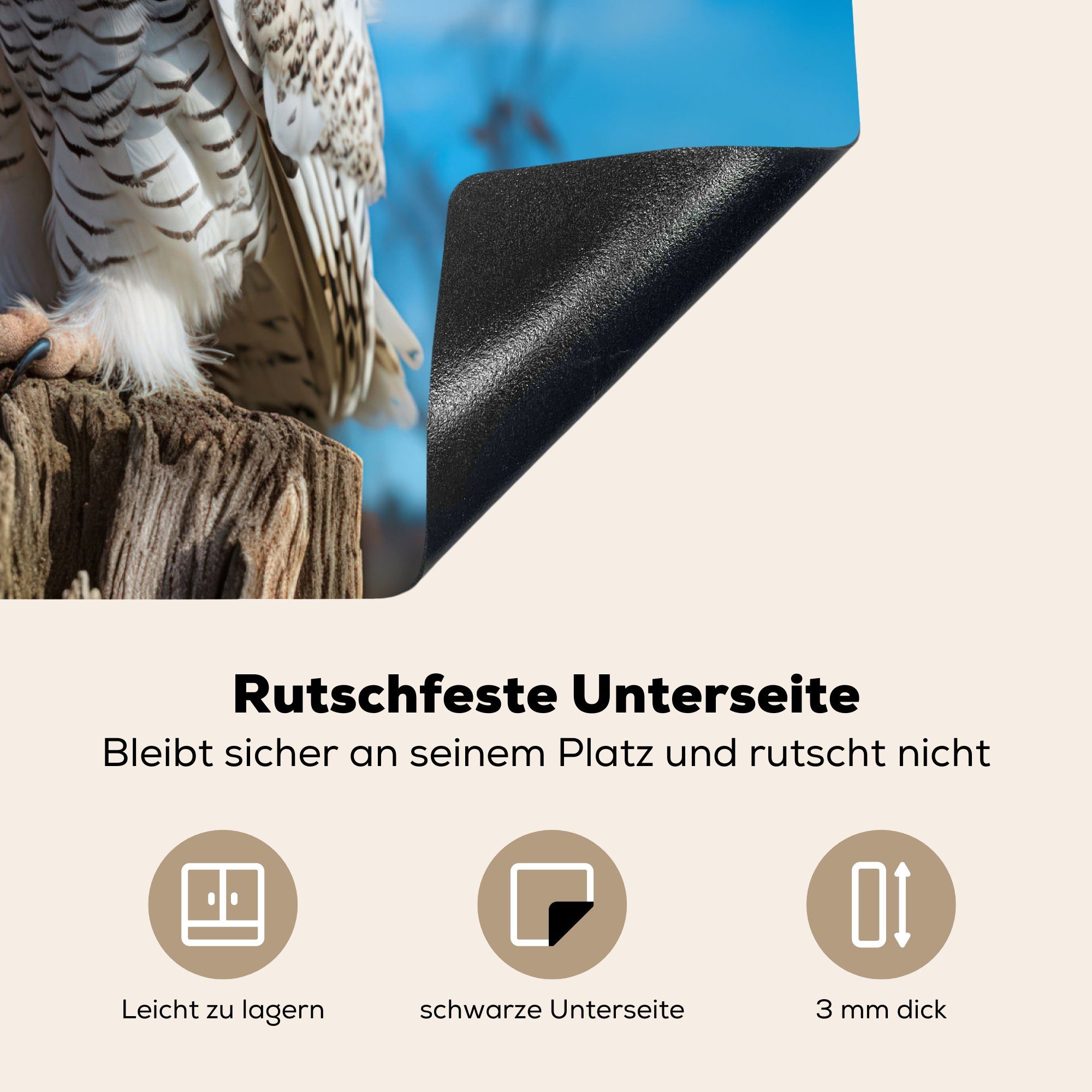 Vinyl, 60x52 Baumstamm, - Herdblende-/Abdeckplatte - nutzbar, Ceranfeldabdeckung Eule Luft MuchoWow Mobile (1 - Weiß - - Tier cm, Arbeitsfläche Natur tlg),