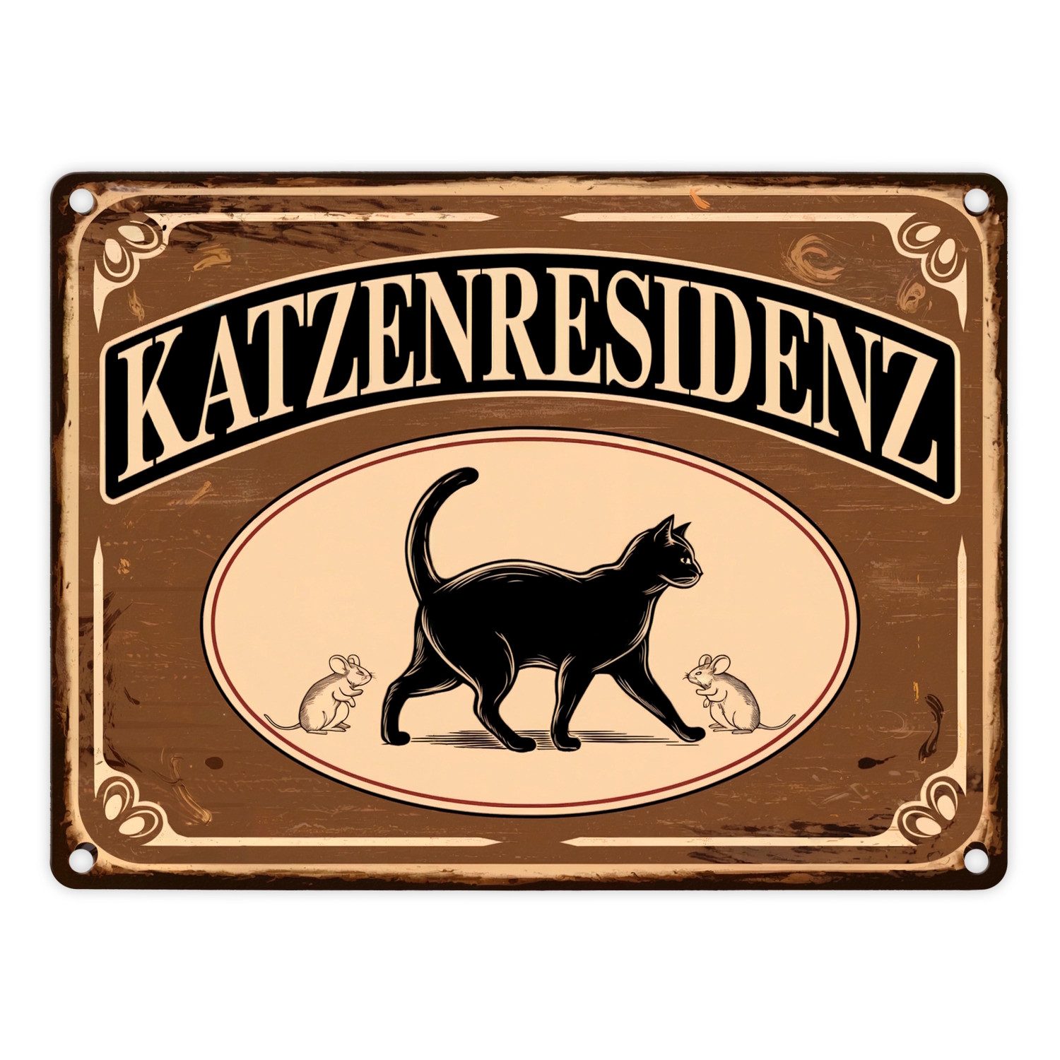 Metallschild Schwarze Katze mit Mäusen Katzenresidenz Metallschild in 15x20 cm
