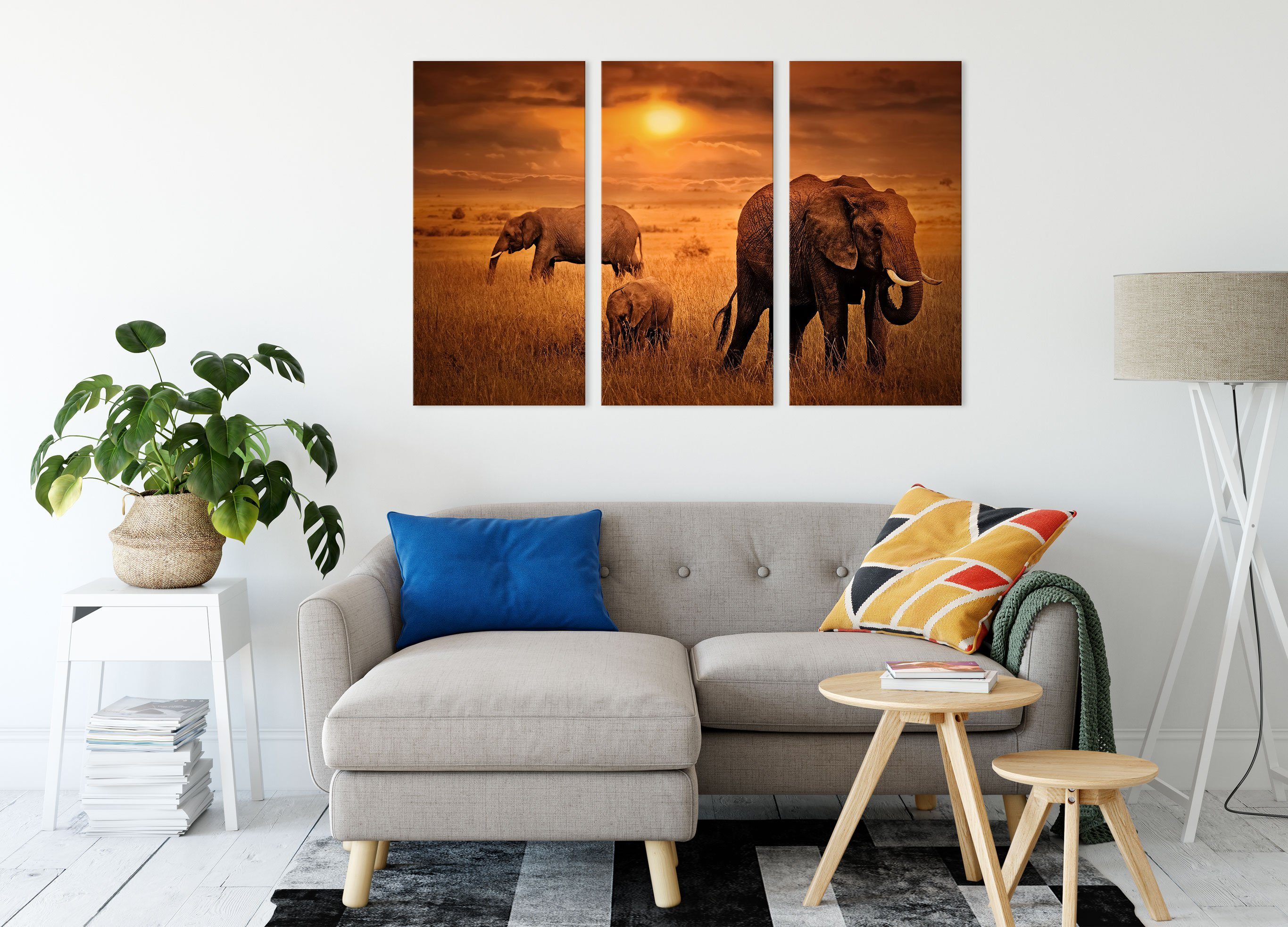 Pixxprint Leinwandbild Elefanten in der inkl. 3Teiler St), Elefanten bespannt, der Leinwandbild (120x80cm) fertig in Savanne (1 Savanne, Zackenaufhänger